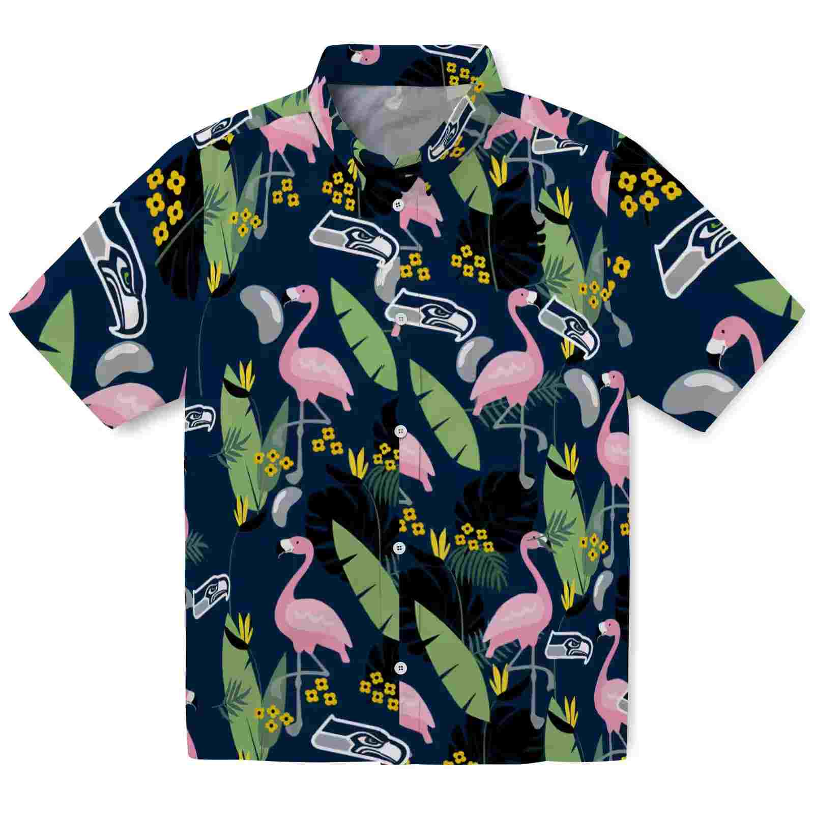 Seattle Seahawks Flamingo Leaves Blue Hawaiian Shirt