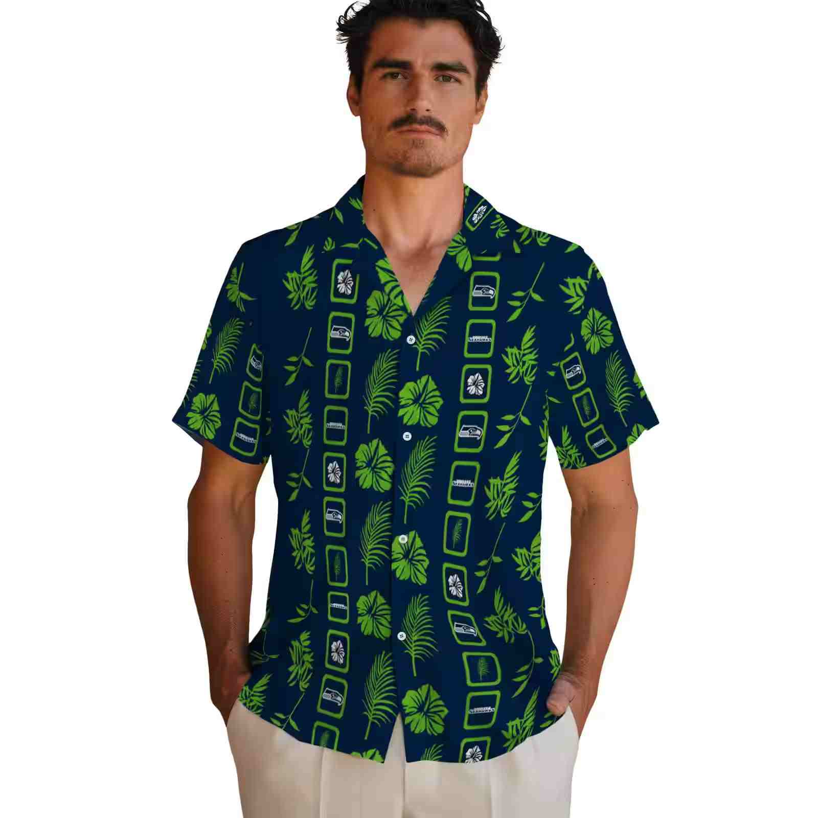 seattle seahawks framed floral blue hawaiian shirt fashion forward