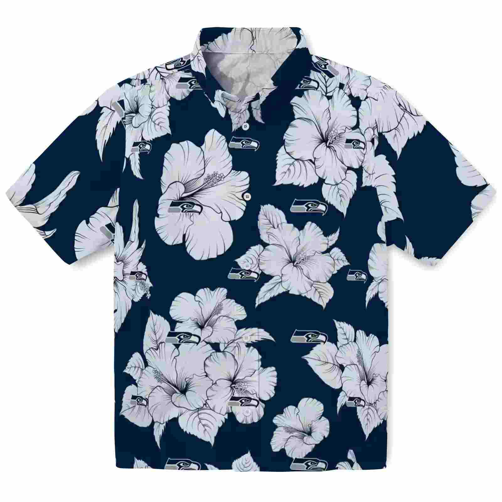 seattle seahawks hibiscus blooms blue white hawaiian shirt best selling