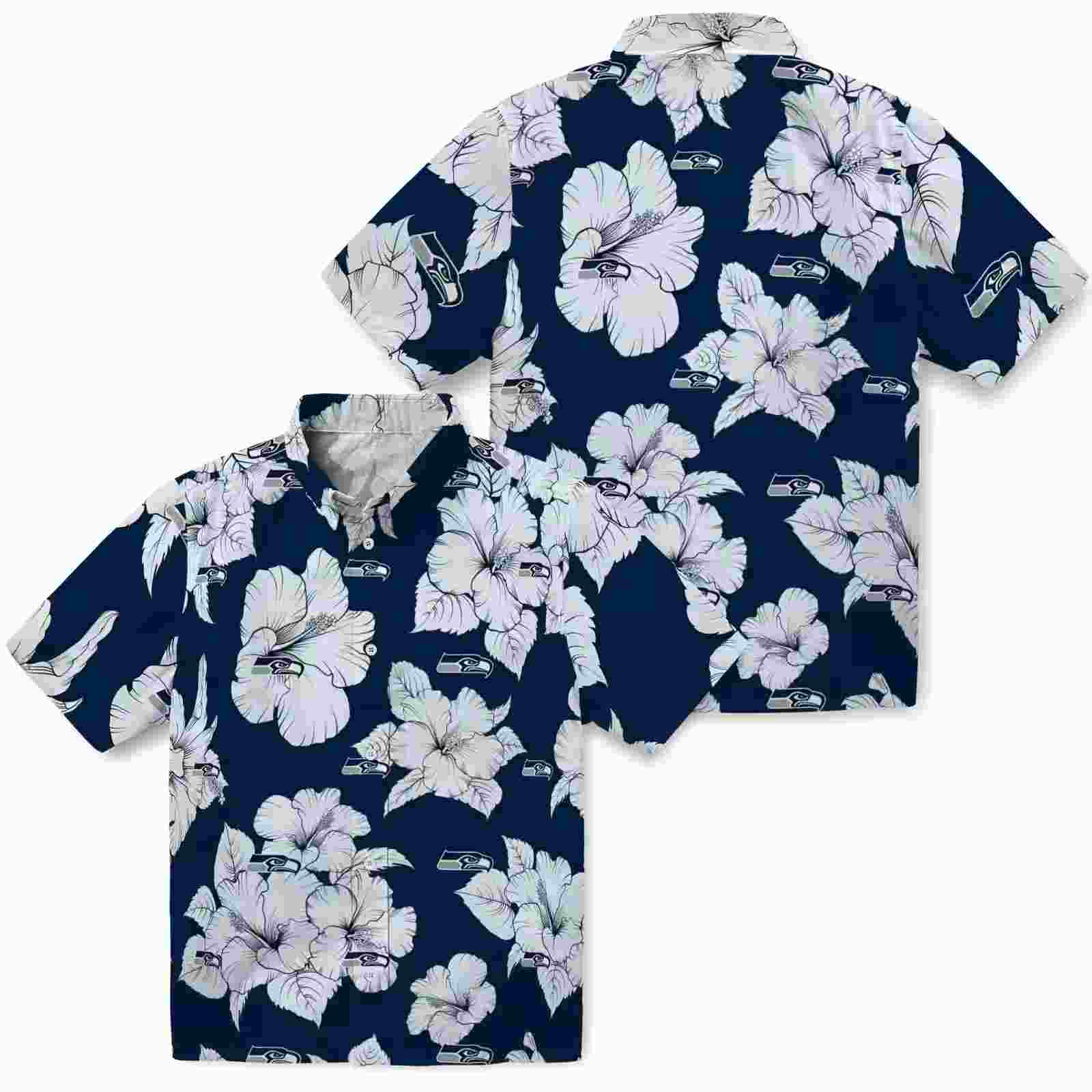 seattle seahawks hibiscus blooms blue white hawaiian shirt high quality