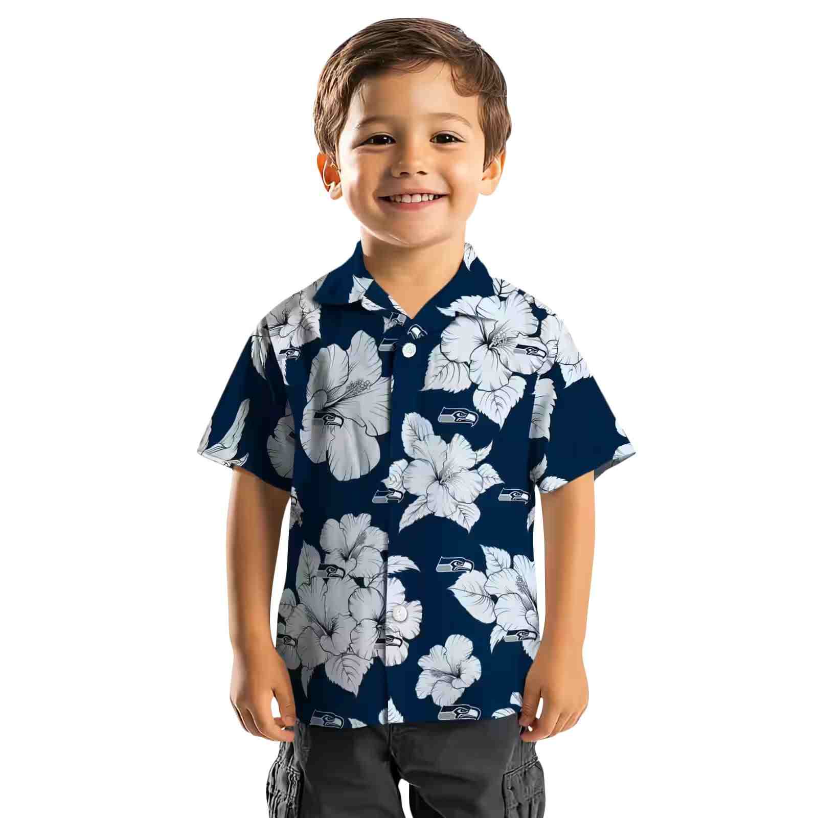 seattle seahawks hibiscus blooms blue white hawaiian shirt top rated