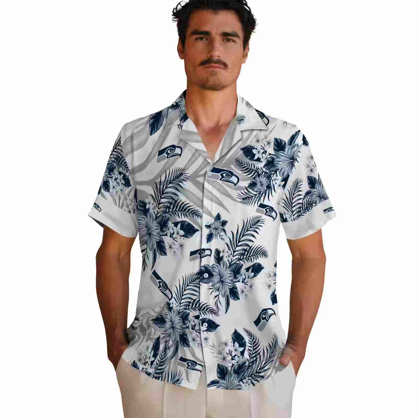 seattle seahawks hibiscus palm leaves blue white hawaiian shirt fashion forward