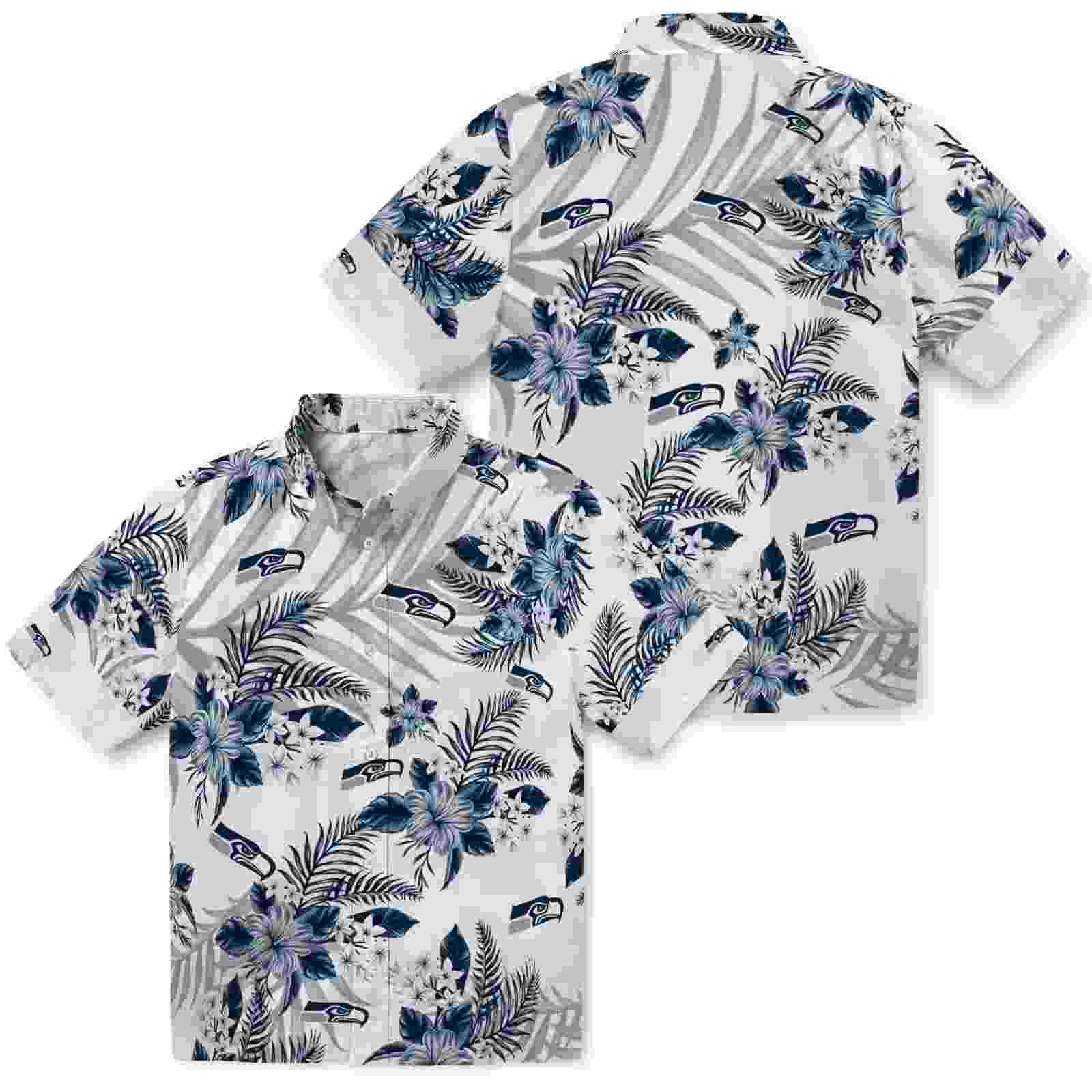 seattle seahawks hibiscus palm leaves blue white hawaiian shirt high quality