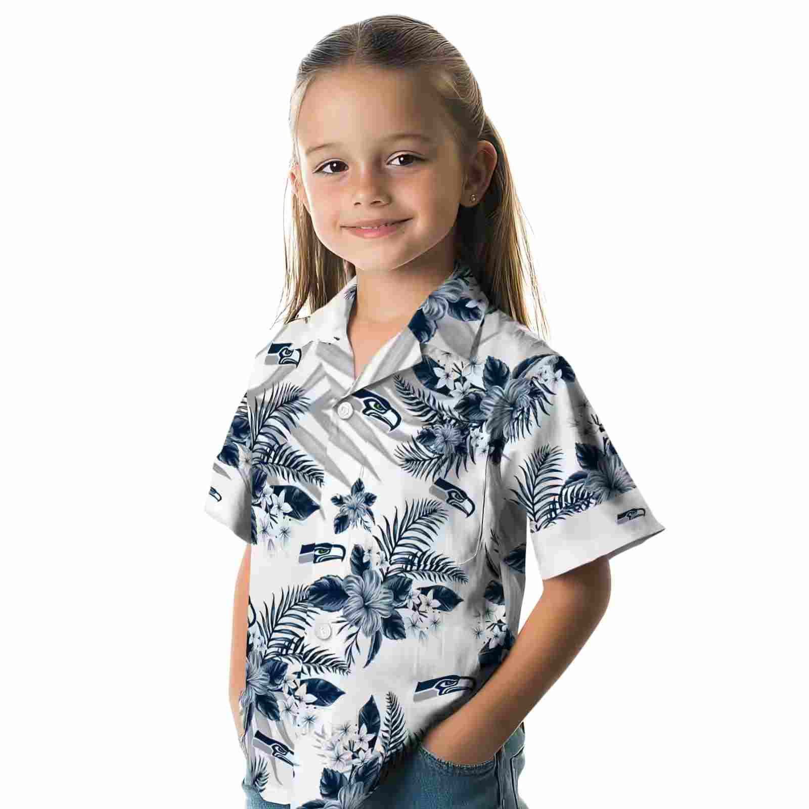 seattle seahawks hibiscus palm leaves blue white hawaiian shirt premium grade