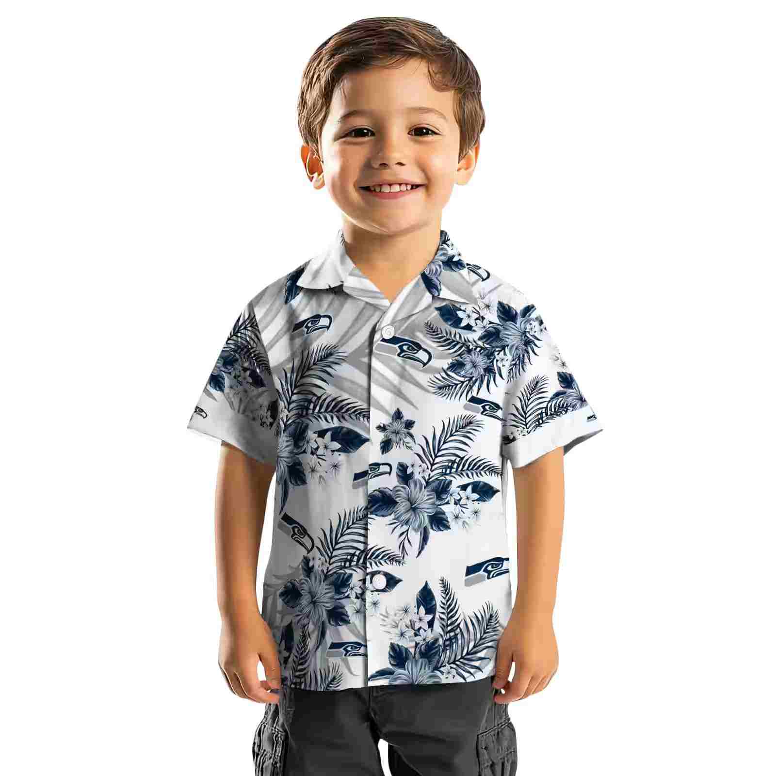 seattle seahawks hibiscus palm leaves blue white hawaiian shirt top rated