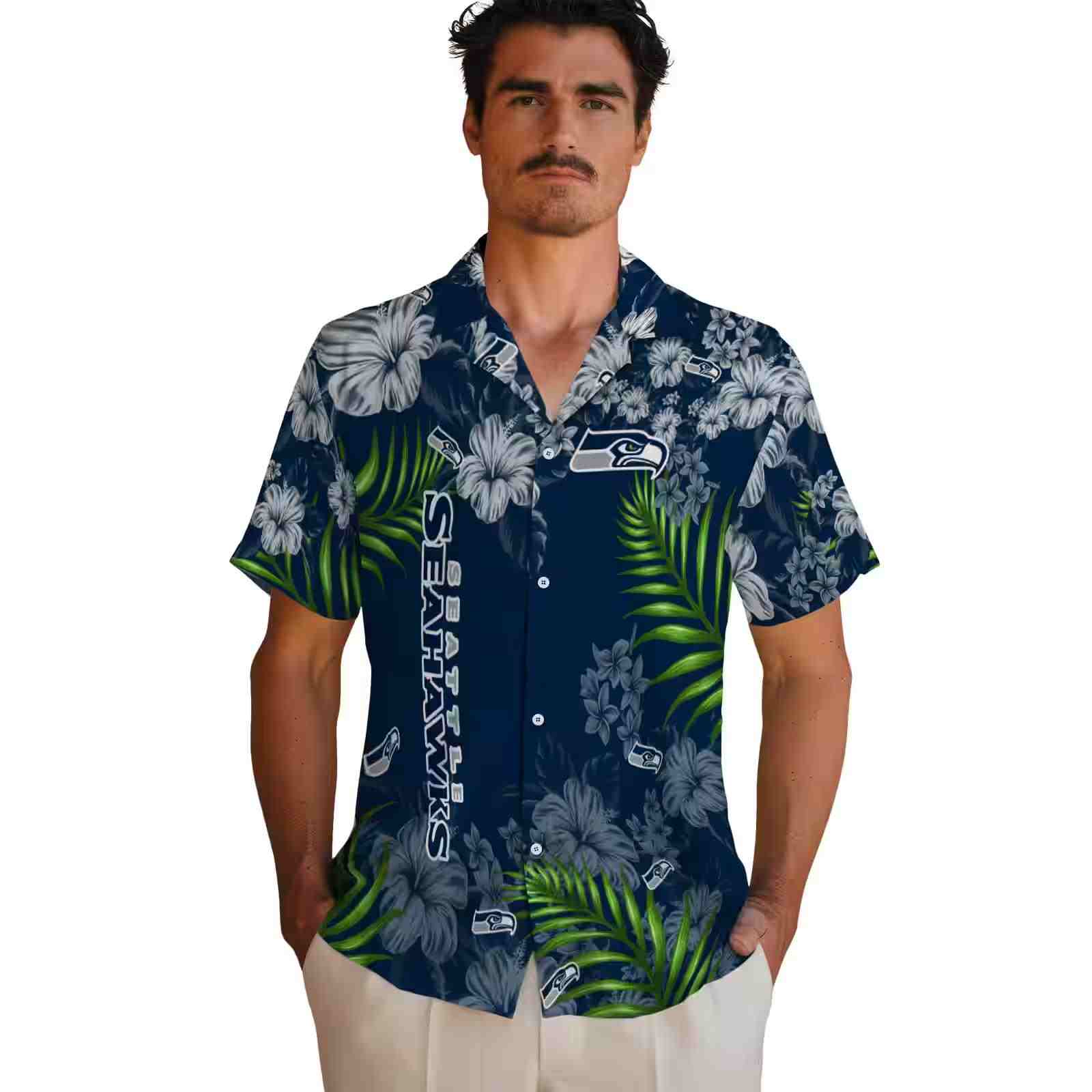 seattle seahawks hibiscus print blue hawaiian shirt fashion forward