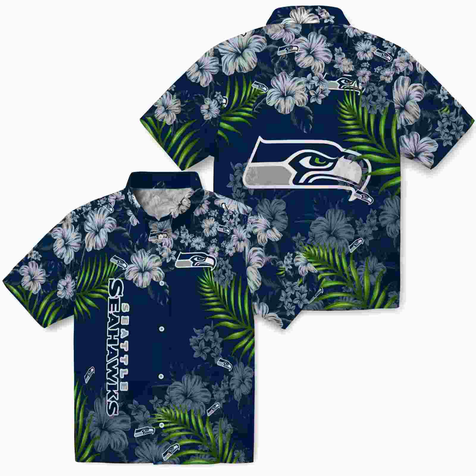 seattle seahawks hibiscus print blue hawaiian shirt high quality