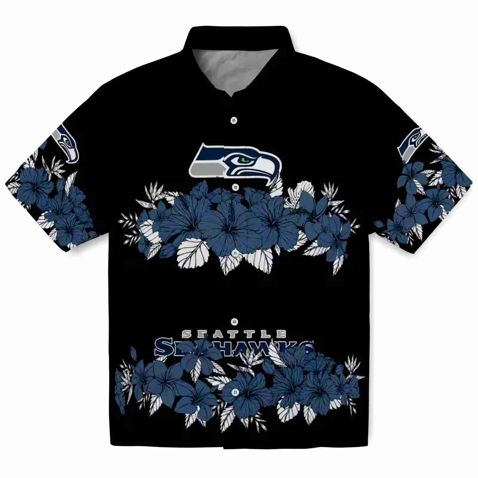 Seattle Seahawks Hibiscus Stripe Blue Black Hawaiian Shirt