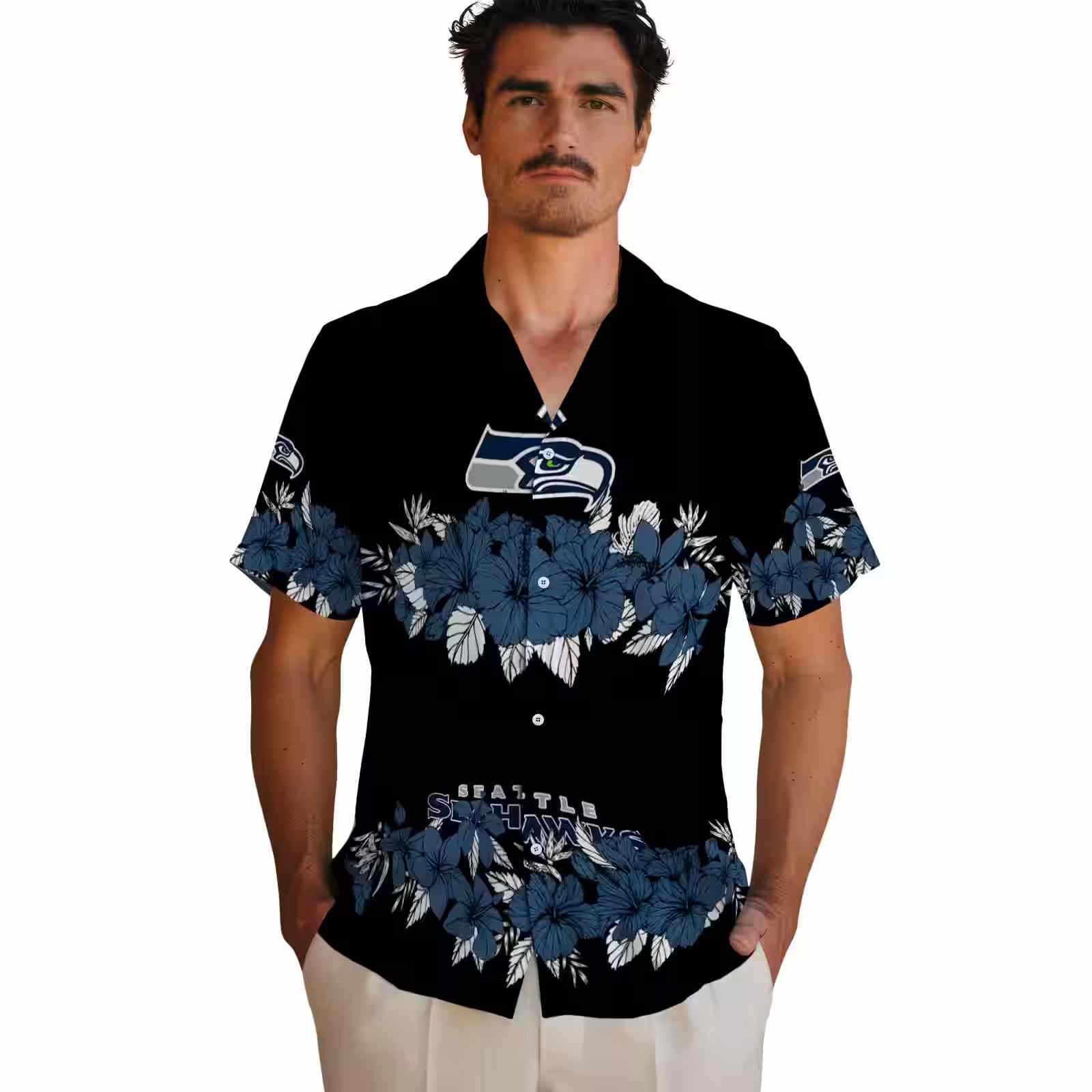 seattle seahawks hibiscus stripe blue black hawaiian shirt fashion forward