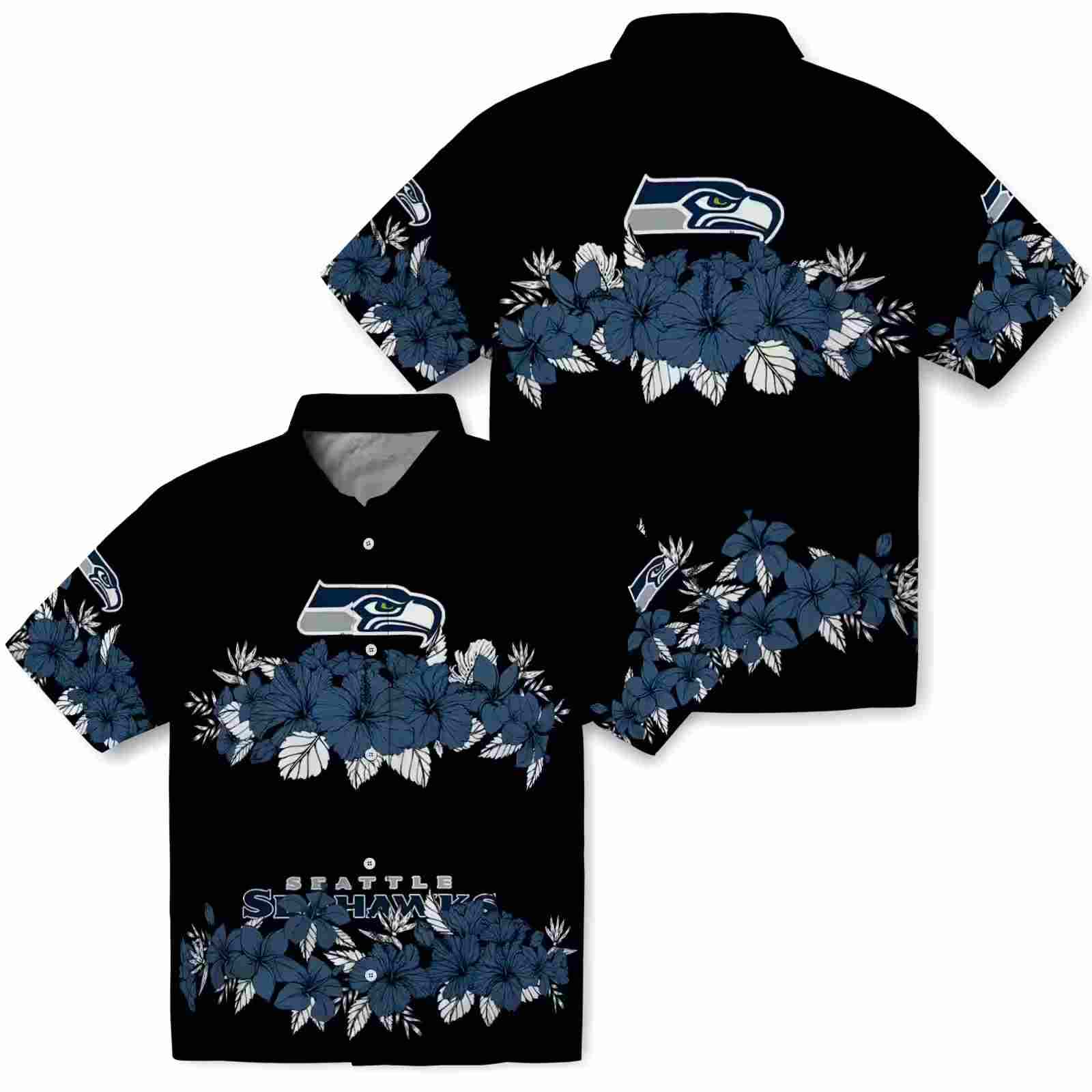 seattle seahawks hibiscus stripe blue black hawaiian shirt high quality