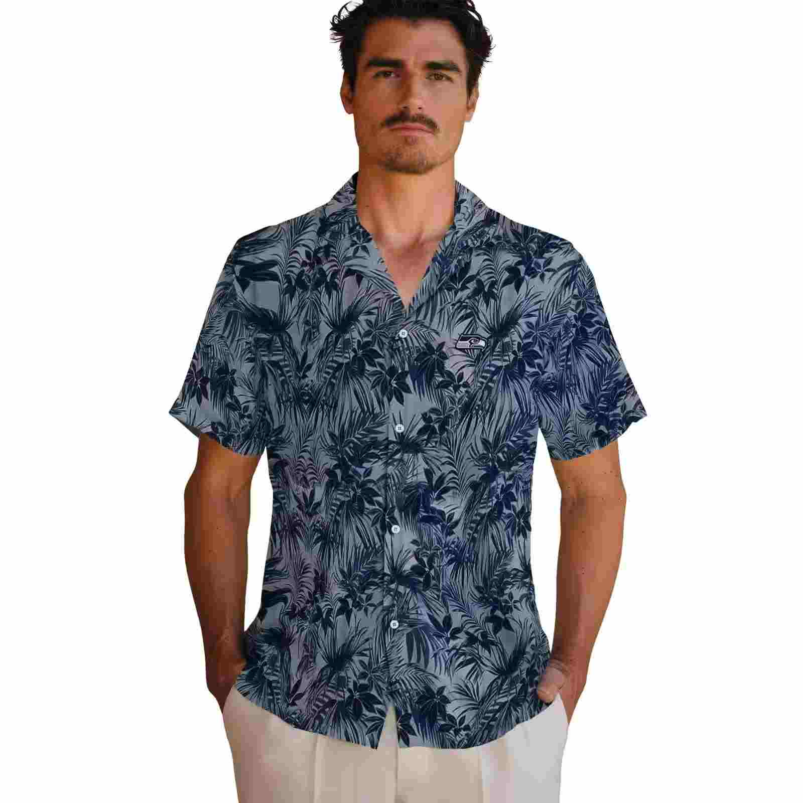 seattle seahawks leafy pattern blue hawaiian shirt fashion forward