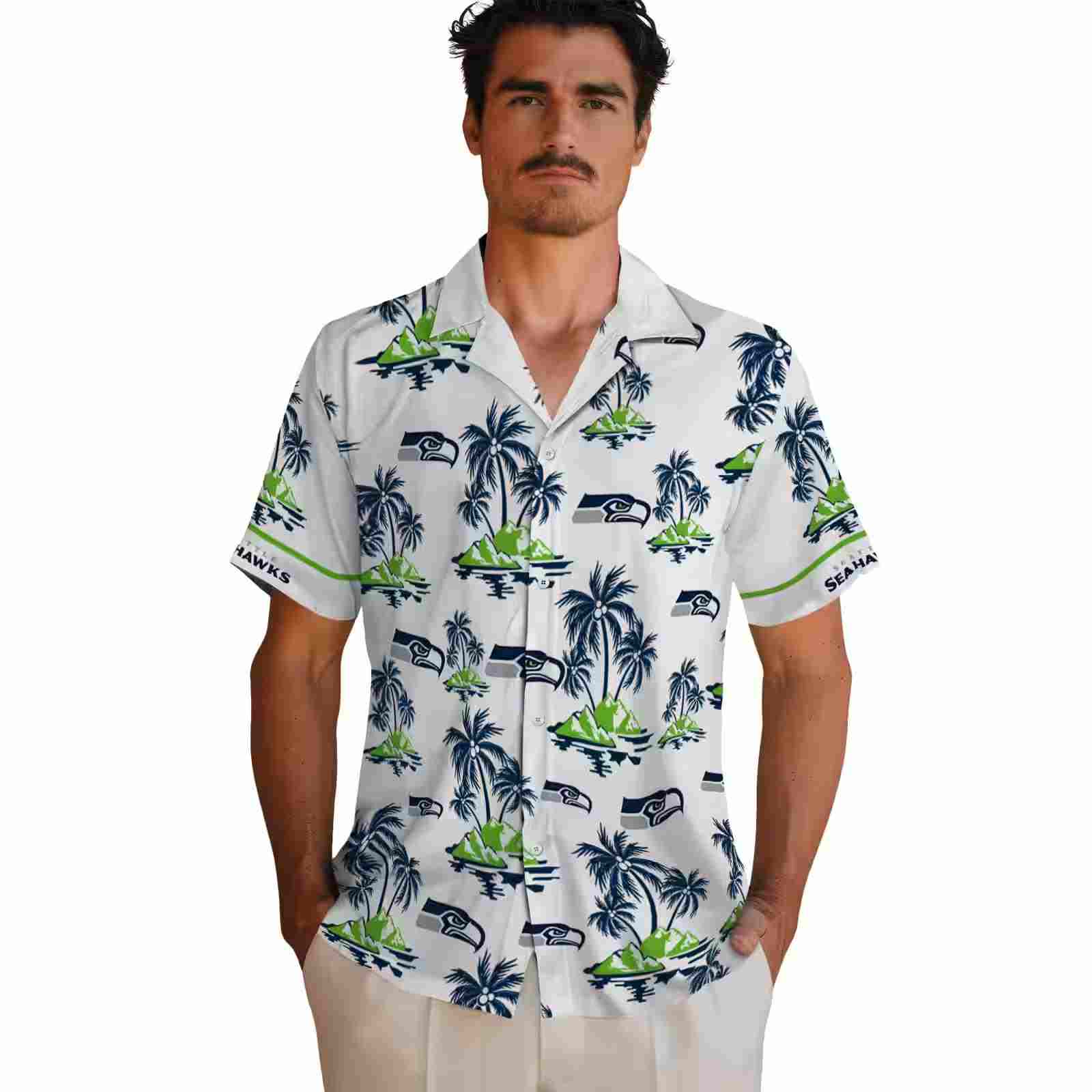 seattle seahawks palm island print blue white hawaiian shirt fashion forward