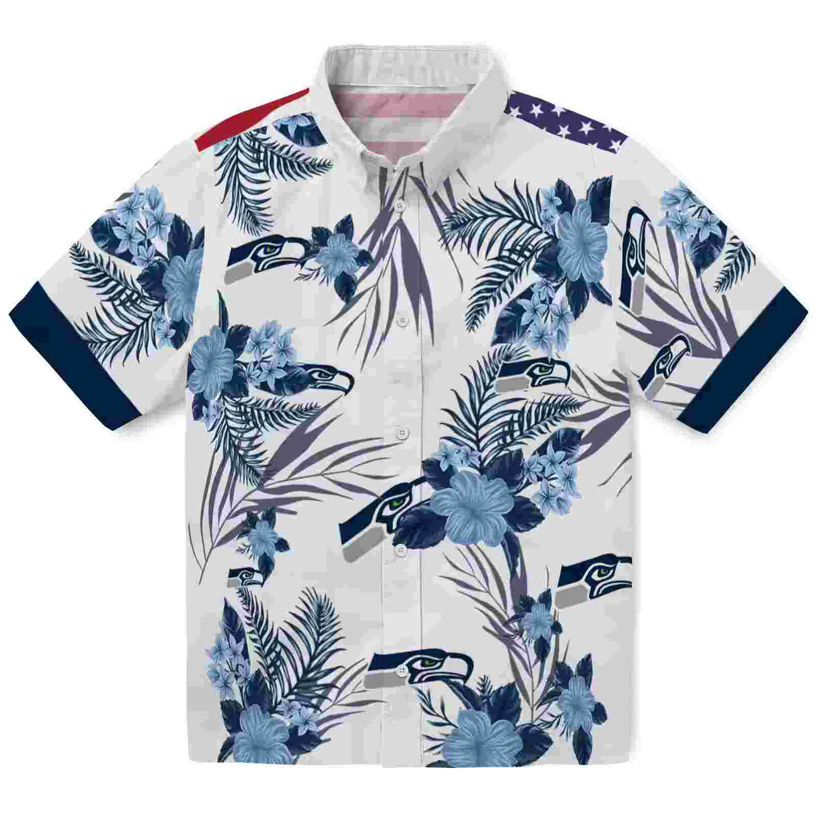 Seattle Seahawks Patriotic Hibiscus Design Blue White Hawaiian Shirt