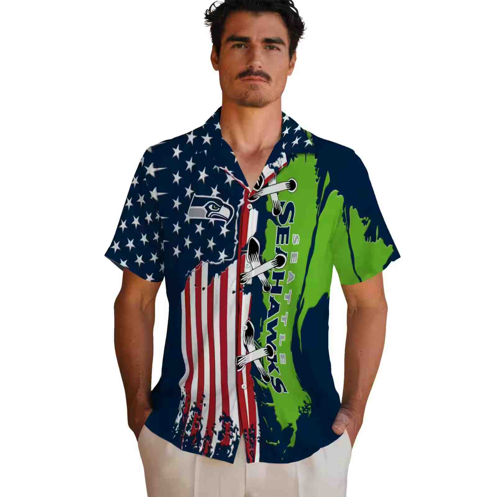 seattle seahawks stitched flag blue hawaiian shirt fashion forward