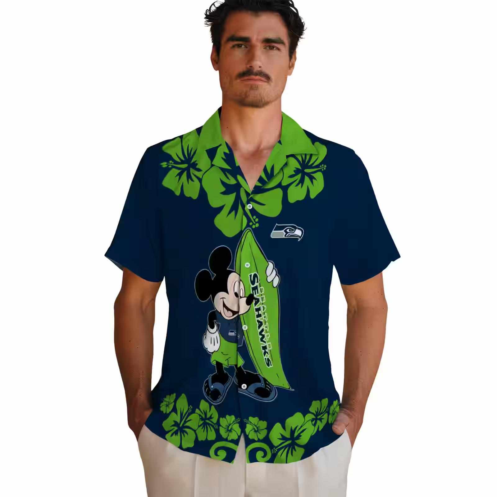 seattle seahawks surfing mickey blue hawaiian shirt fashion forward