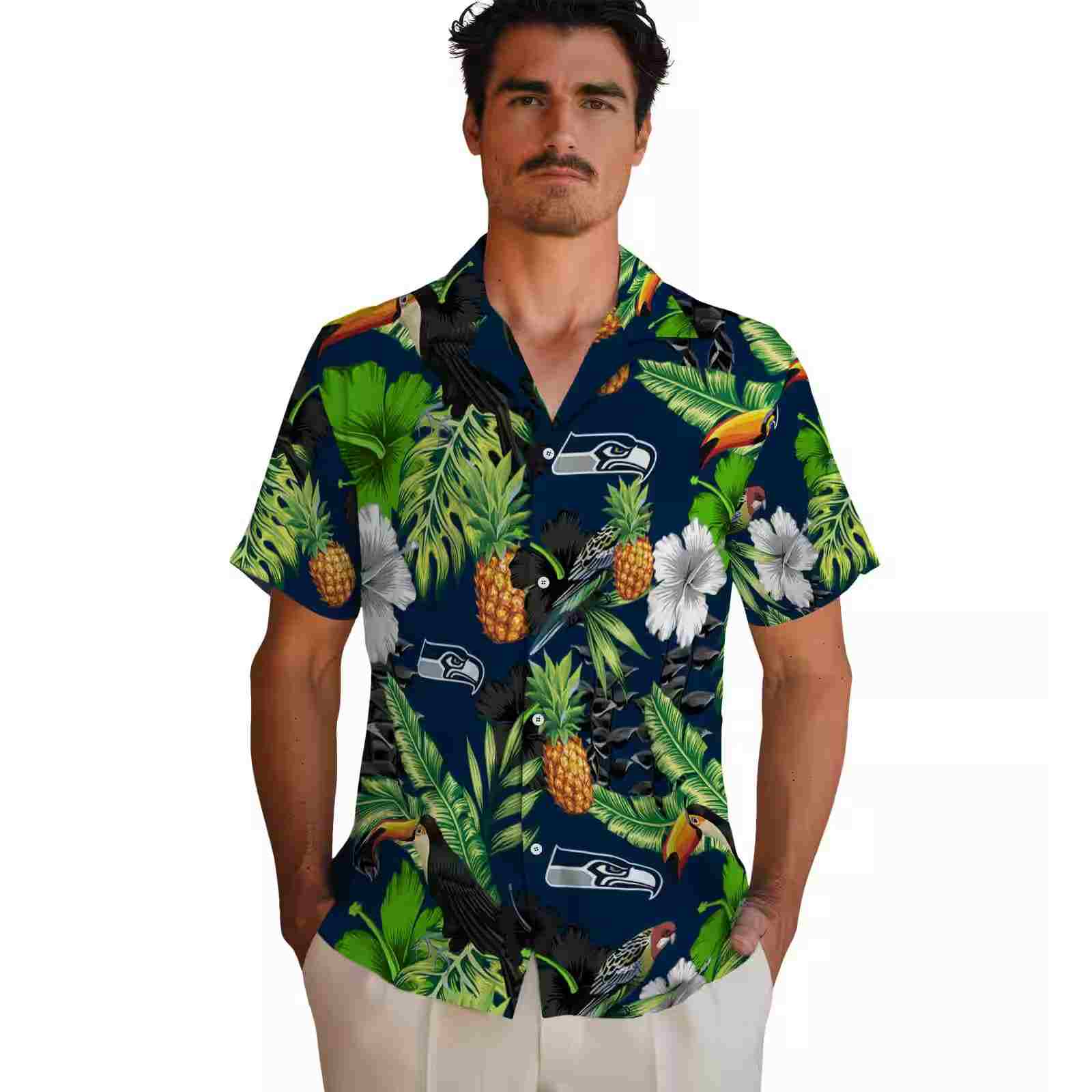 seattle seahawks toucan hibiscus pineapple blue green hawaiian shirt fashion forward