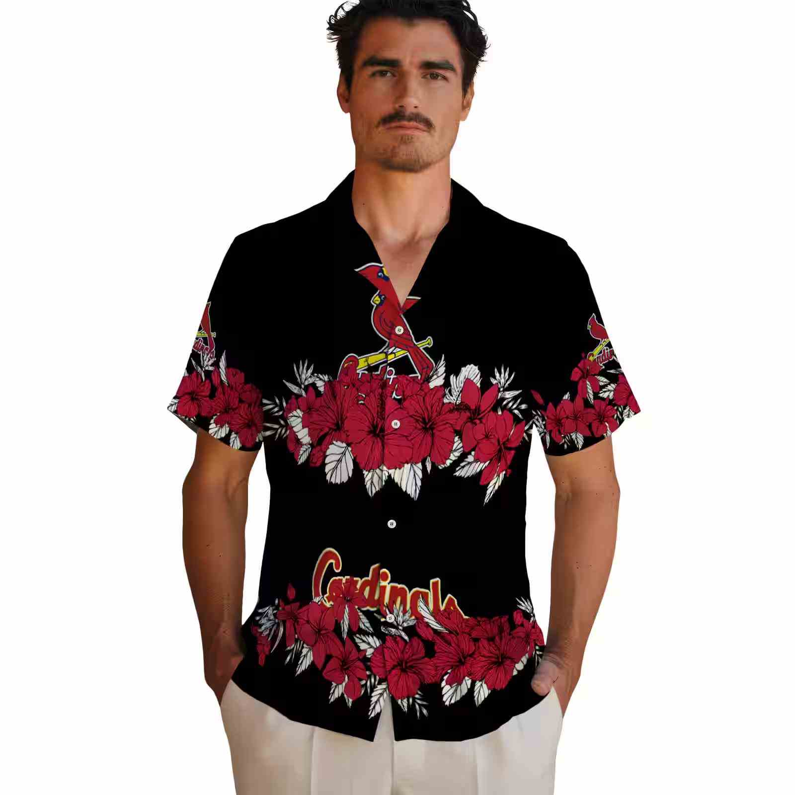 st louis cardinals hibiscus stripe red black hawaiian shirt fashion forward