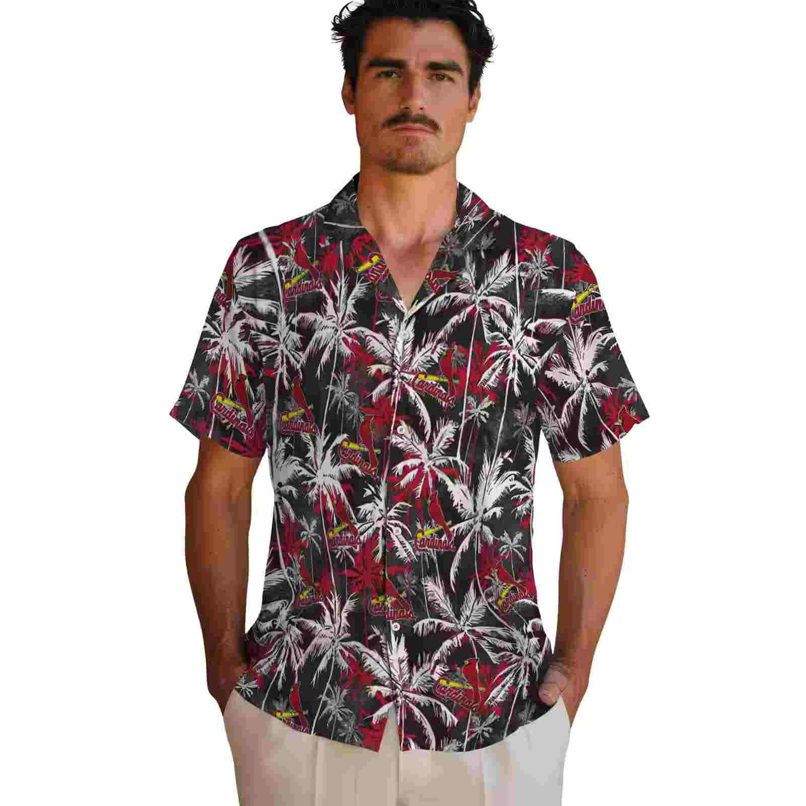 st louis cardinals palm pattern red black hawaiian shirt fashion forward