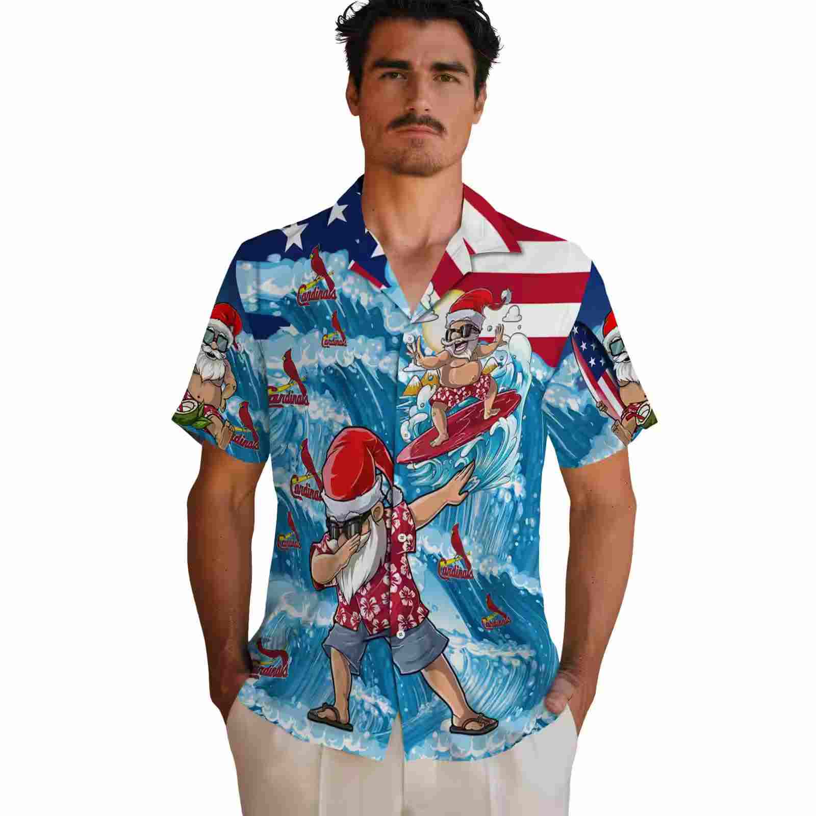 st louis cardinals surfing santa blue hawaiian shirt fashion forward