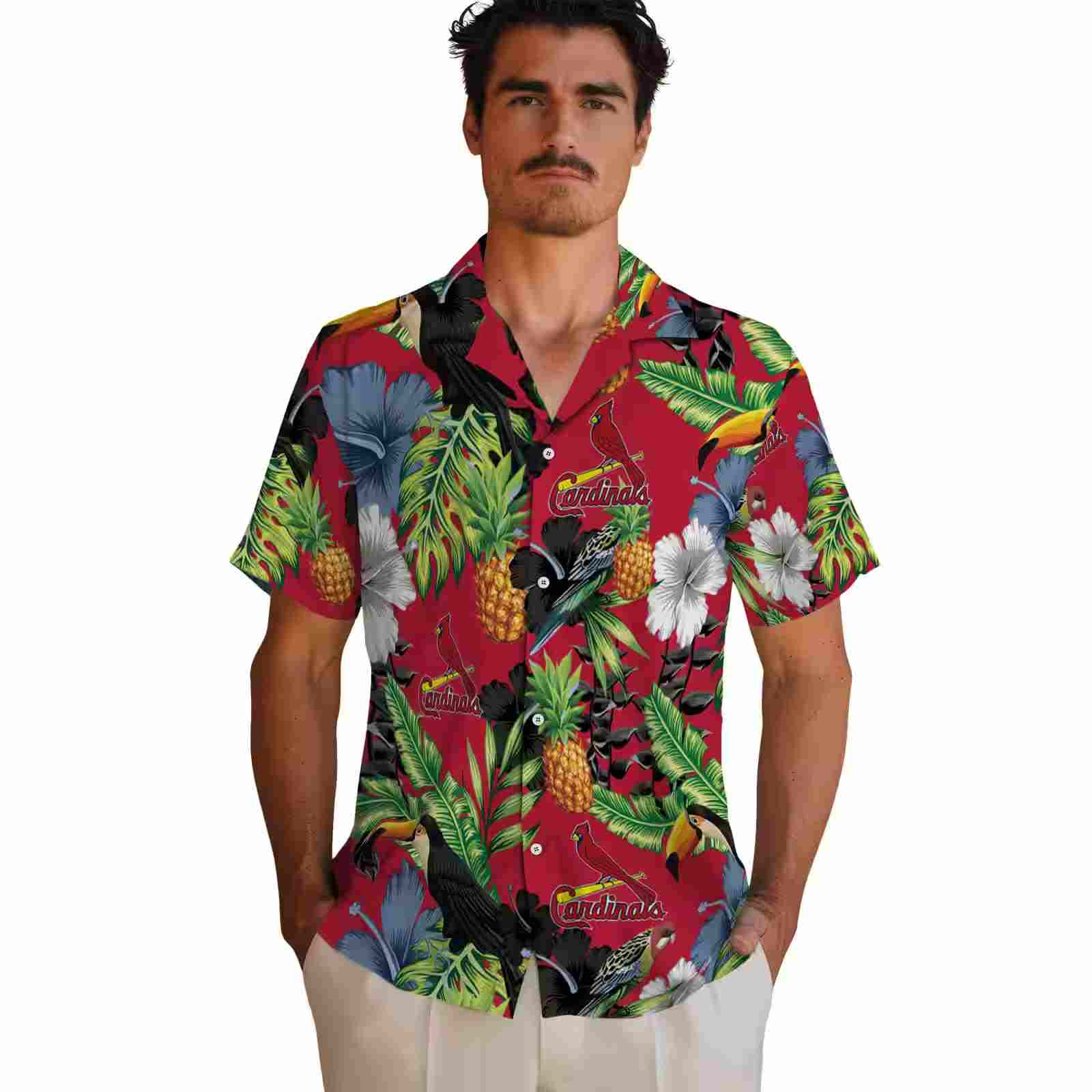 st louis cardinals toucan hibiscus pineapple red green hawaiian shirt fashion forward