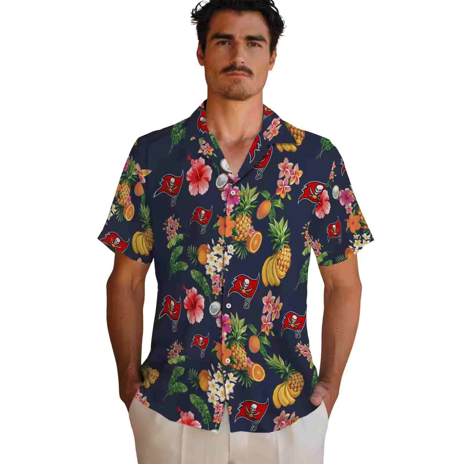 tampa bay buccaneers hibiscus and fruit navy blue hawaiian shirt fashion forward