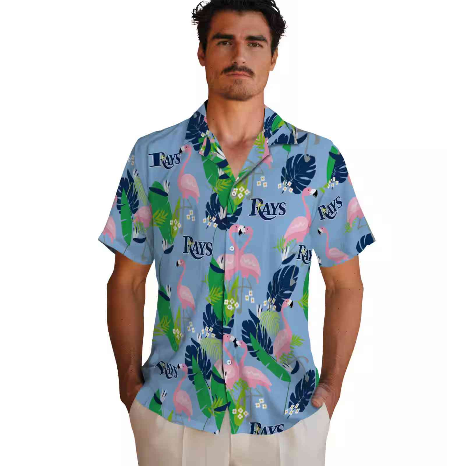 tampa bay rays flamingo foliage navy green hawaiian shirt fashion forward