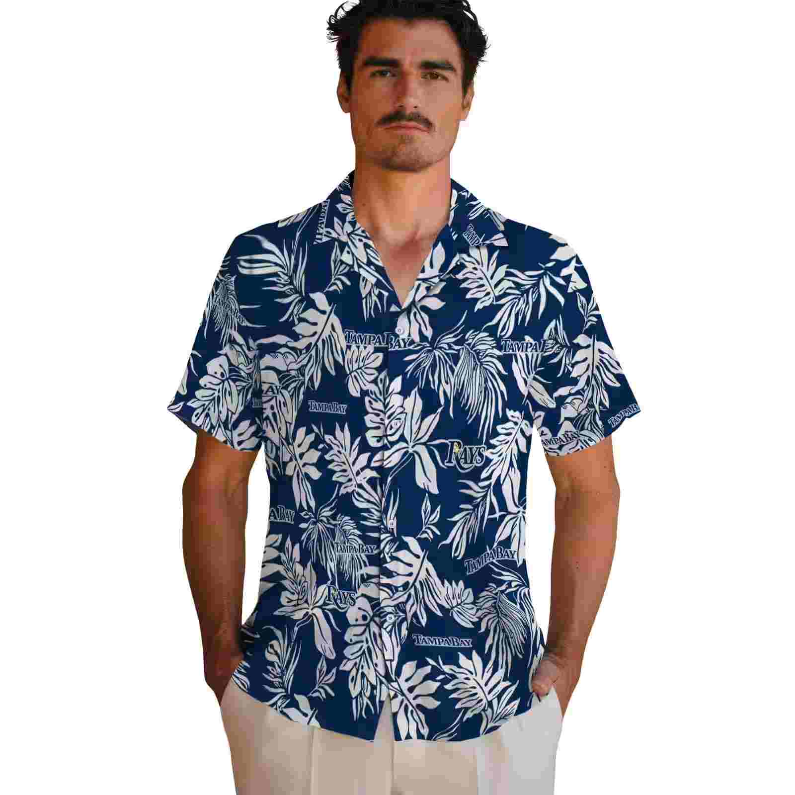 tampa bay rays tropical leaf navy white hawaiian shirt fashion forward