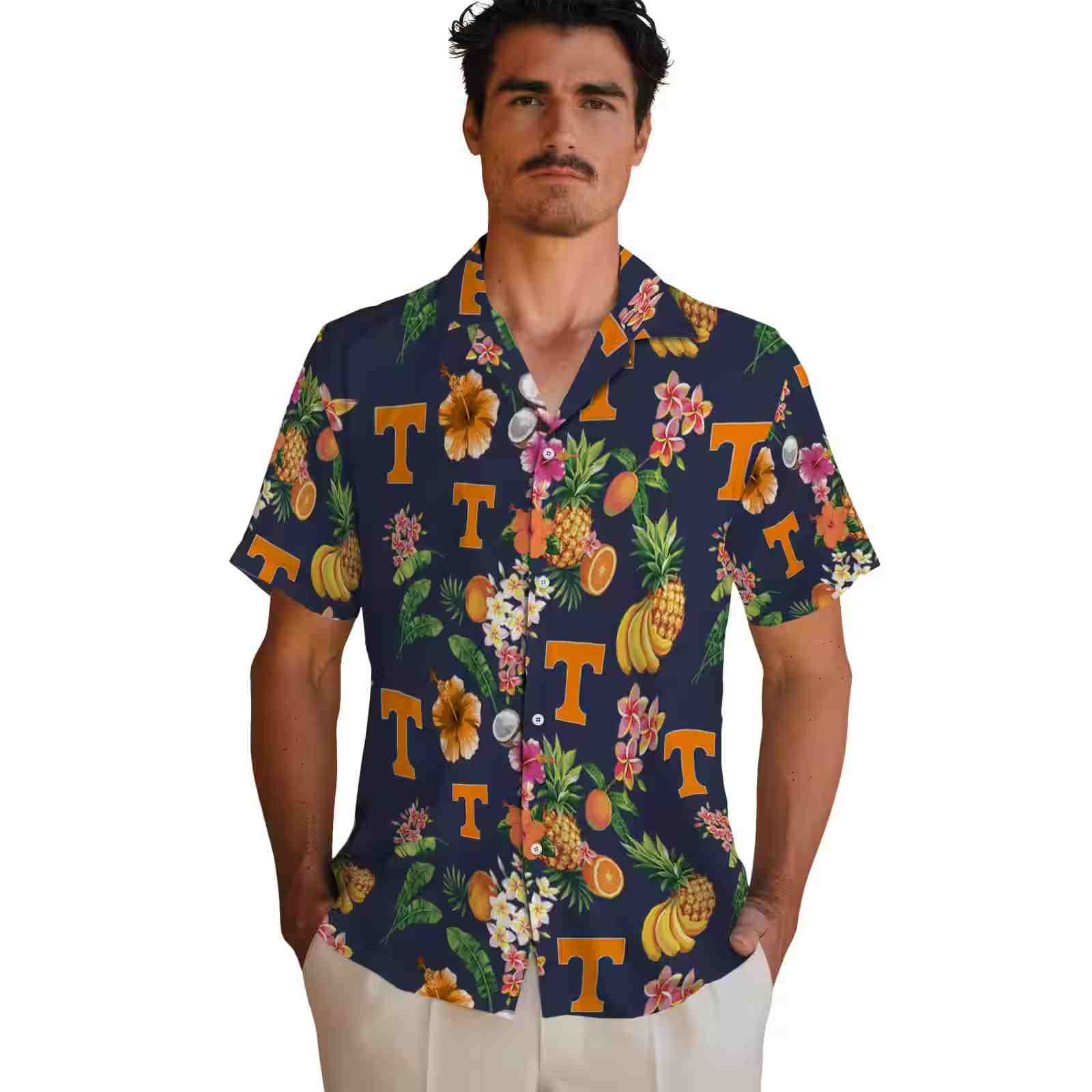 tennessee volunteers hibiscus and fruit navy blue hawaiian shirt fashion forward