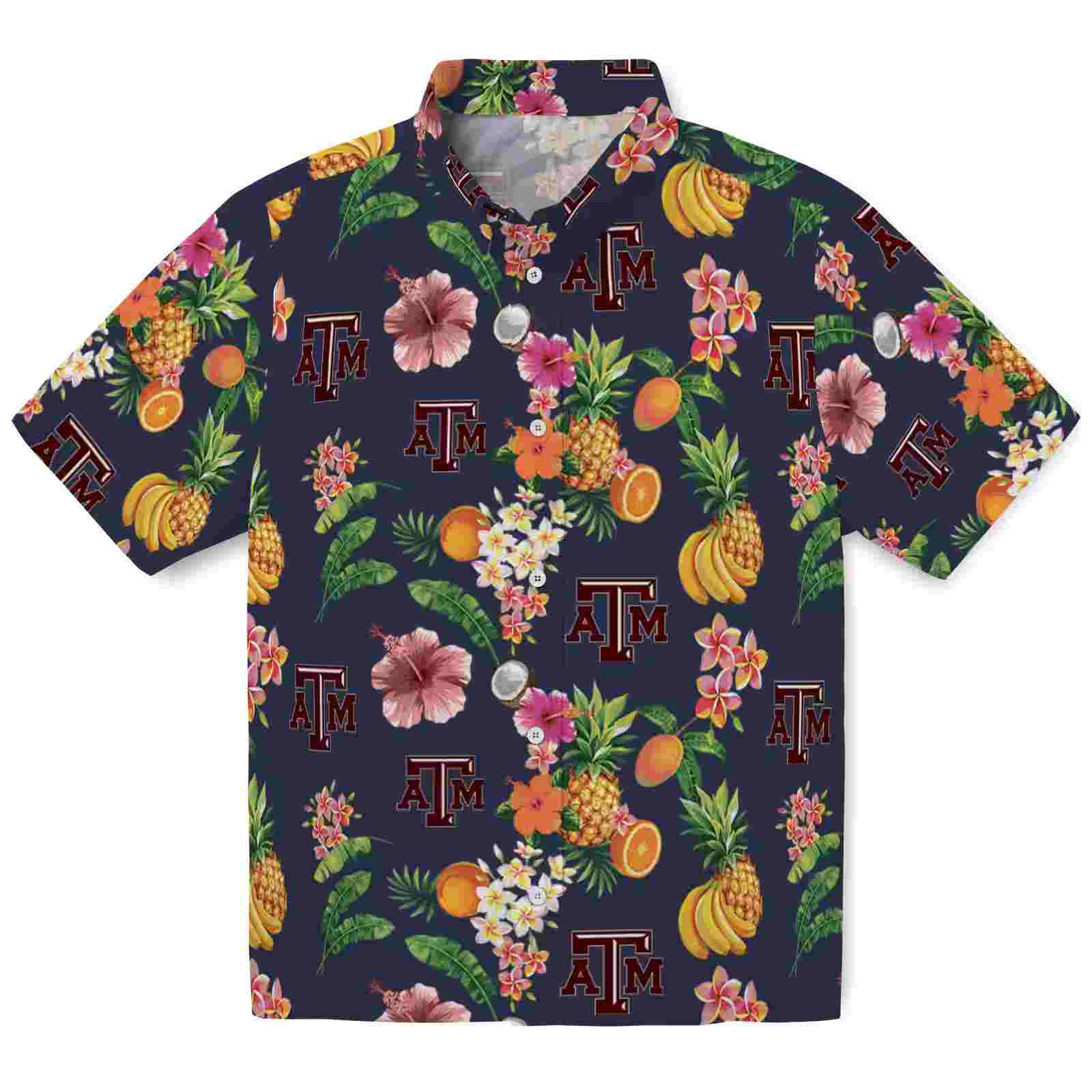 Texas A&M Aggies Hibiscus And Fruit Navy Blue Hawaiian Shirt