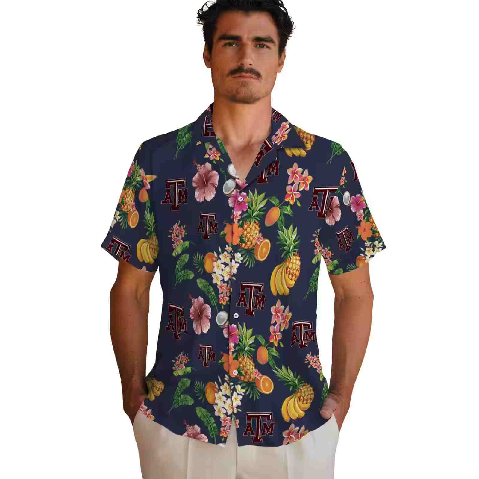 texas am aggies hibiscus and fruit navy blue hawaiian shirt fashion forward