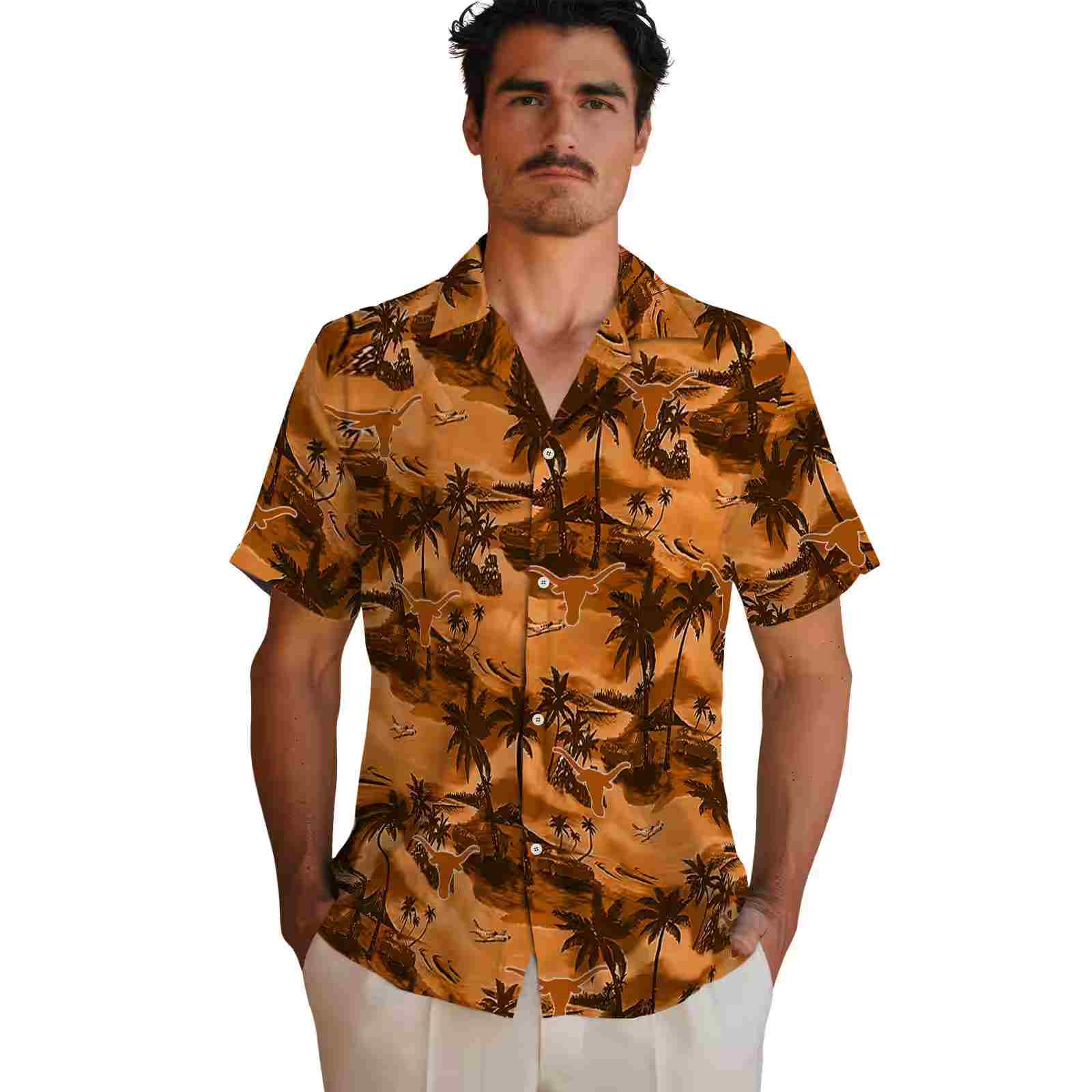 texas longhorns coastal palms orange hawaiian shirt fashion forward