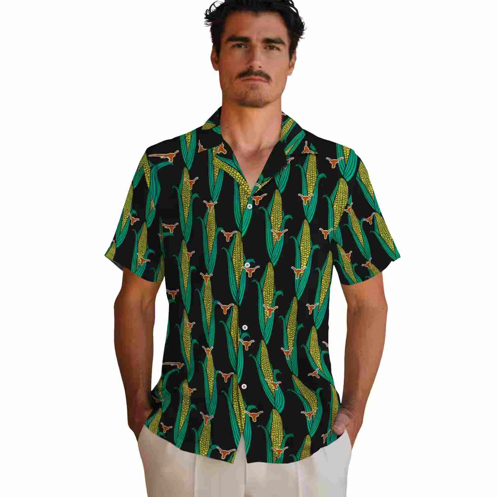 texas longhorns corn motifs black green hawaiian shirt fashion forward