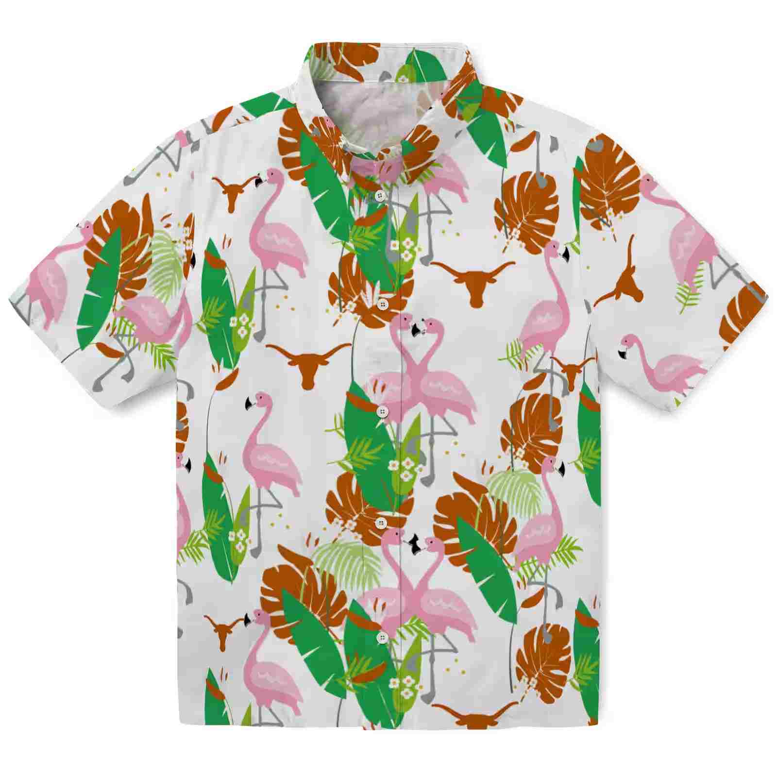 Texas Longhorns Flamingo Foliage Orange Green Hawaiian Shirt