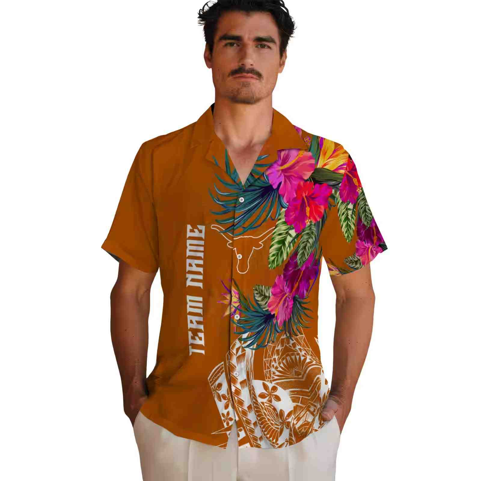 texas longhorns floral polynesian orange hawaiian shirt fashion forward