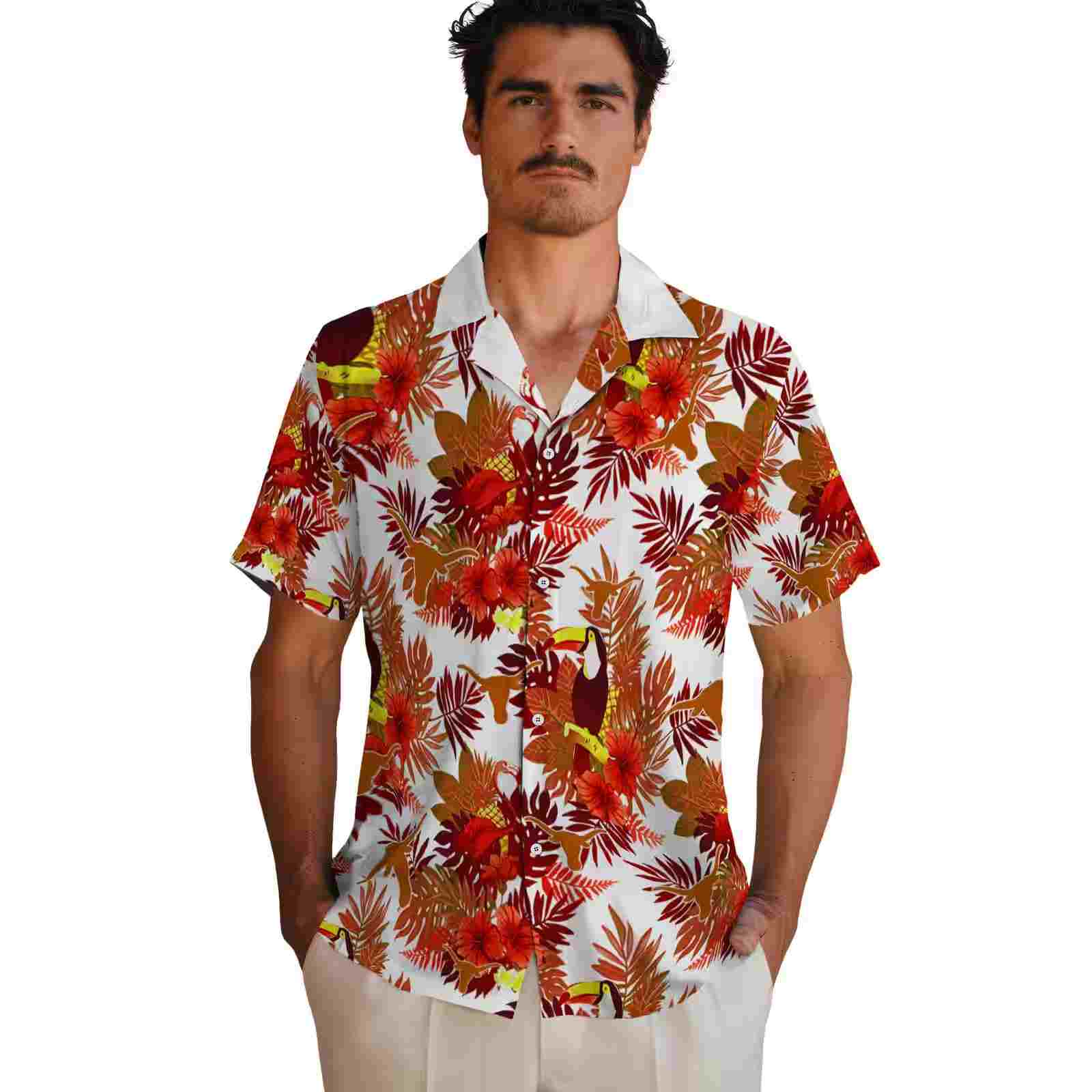 texas longhorns floral toucan orange red hawaiian shirt fashion forward