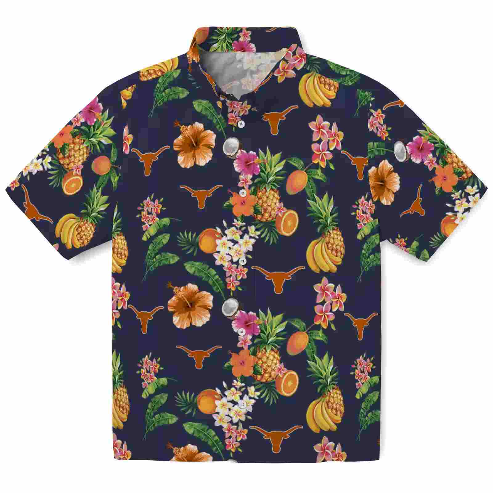 Texas Longhorns Hibiscus And Fruit Navy Blue Hawaiian Shirt