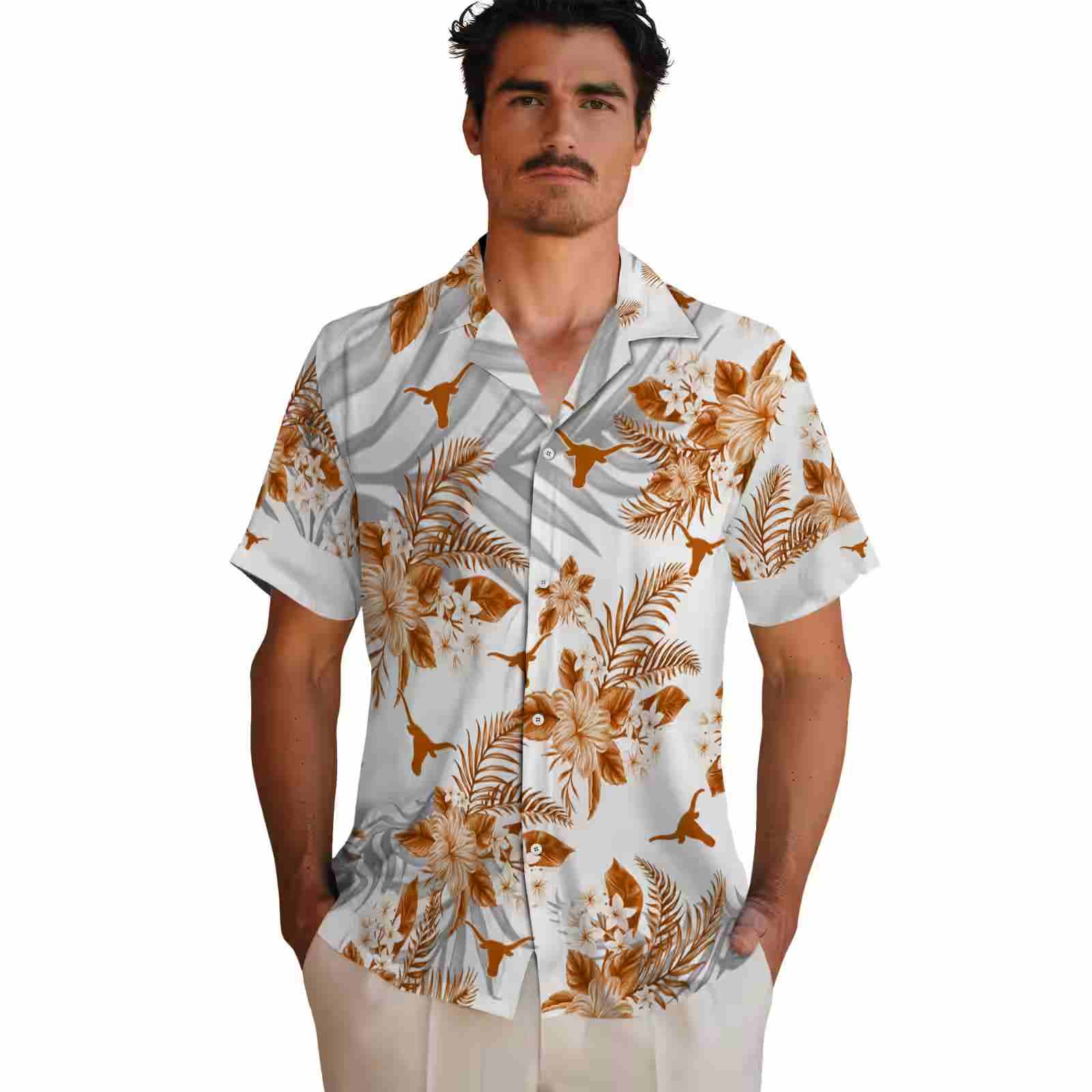 texas longhorns hibiscus palm leaves orange white hawaiian shirt fashion forward