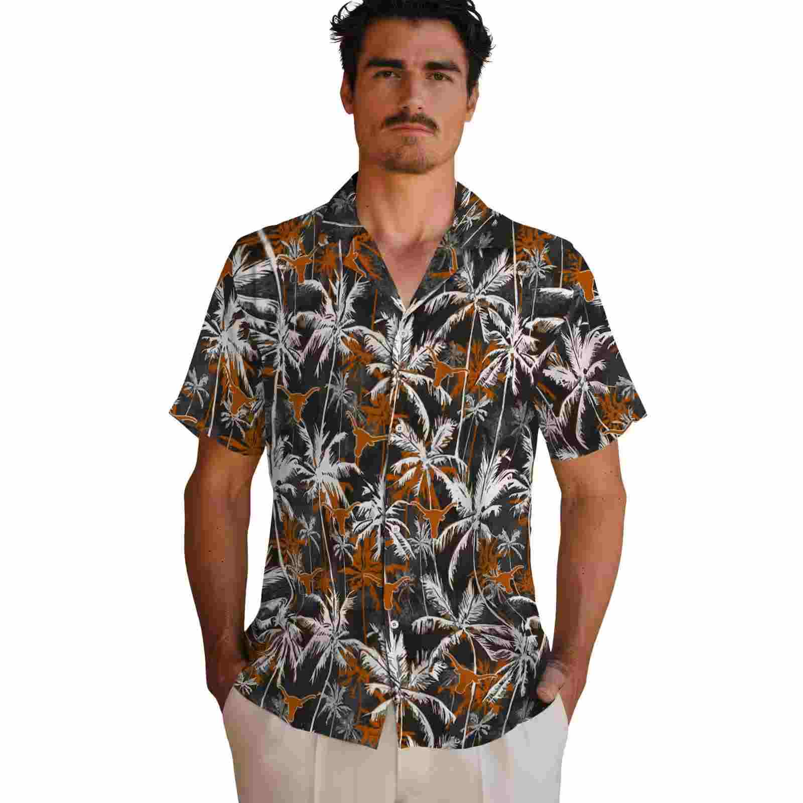 texas longhorns palm pattern orange black hawaiian shirt fashion forward