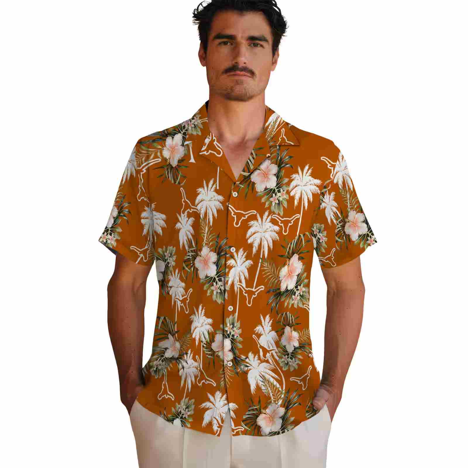 texas longhorns palm tree flower orange hawaiian shirt fashion forward