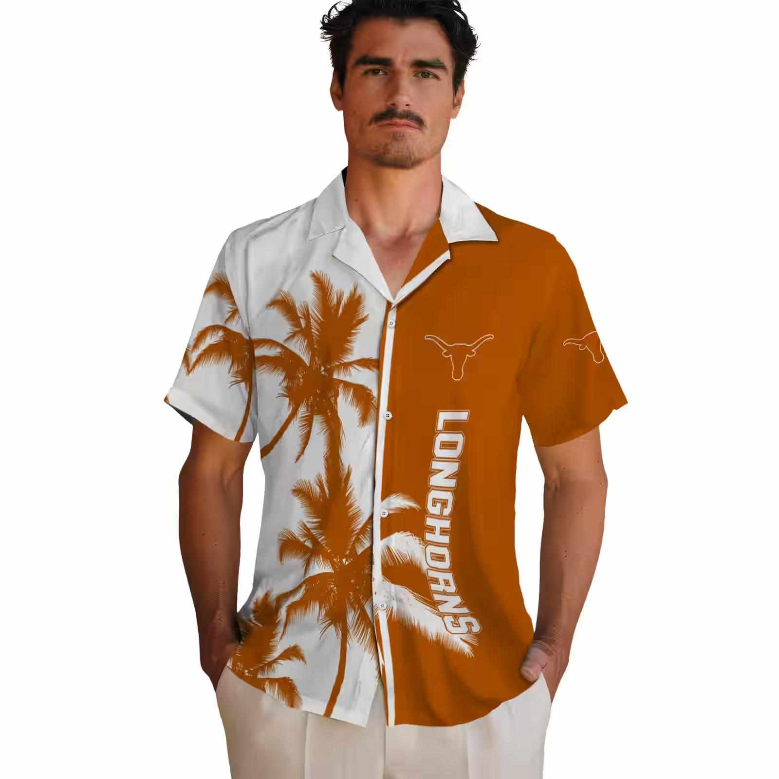 texas longhorns palm trees orange white hawaiian shirt fashion forward