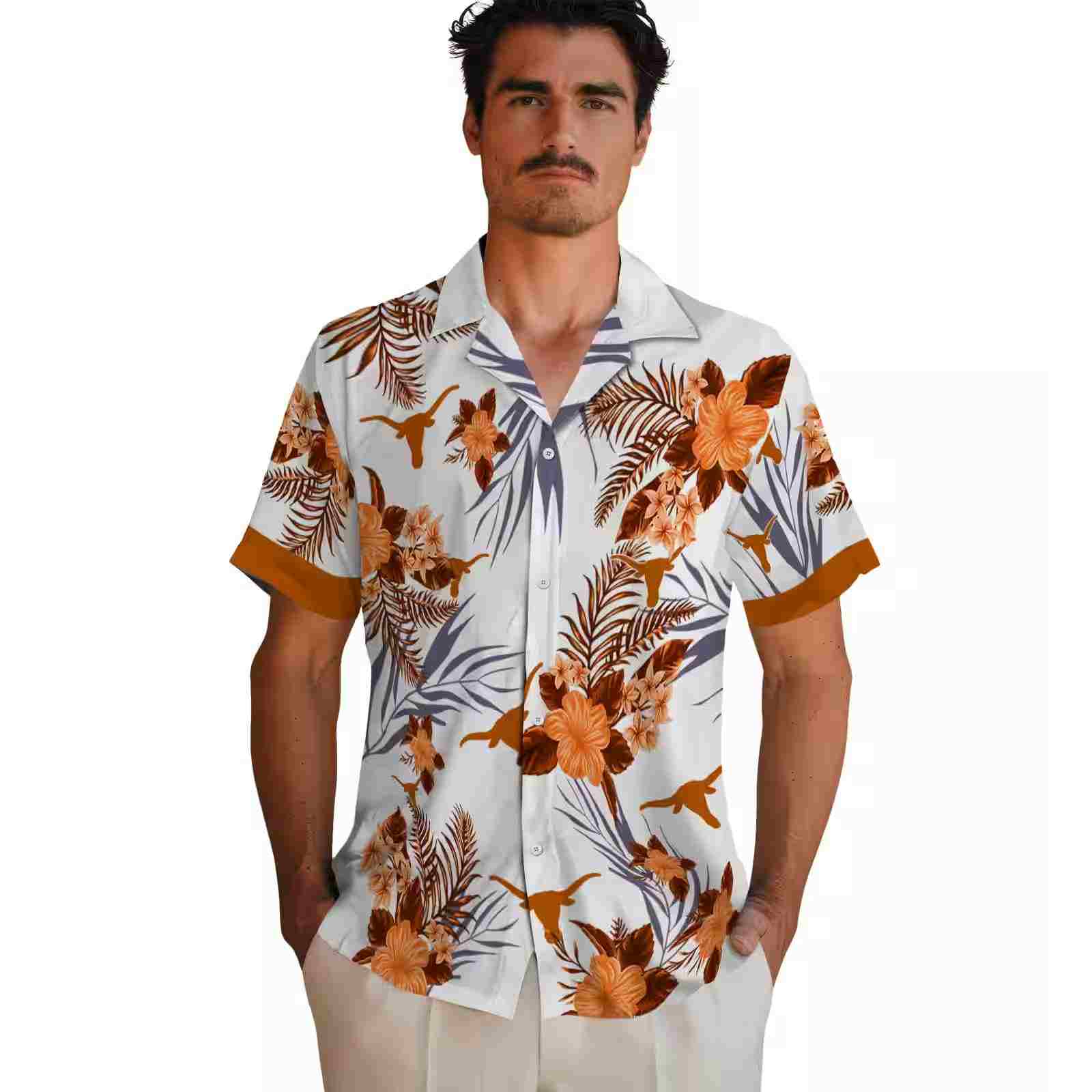 texas longhorns patriotic hibiscus design orange white hawaiian shirt fashion forward