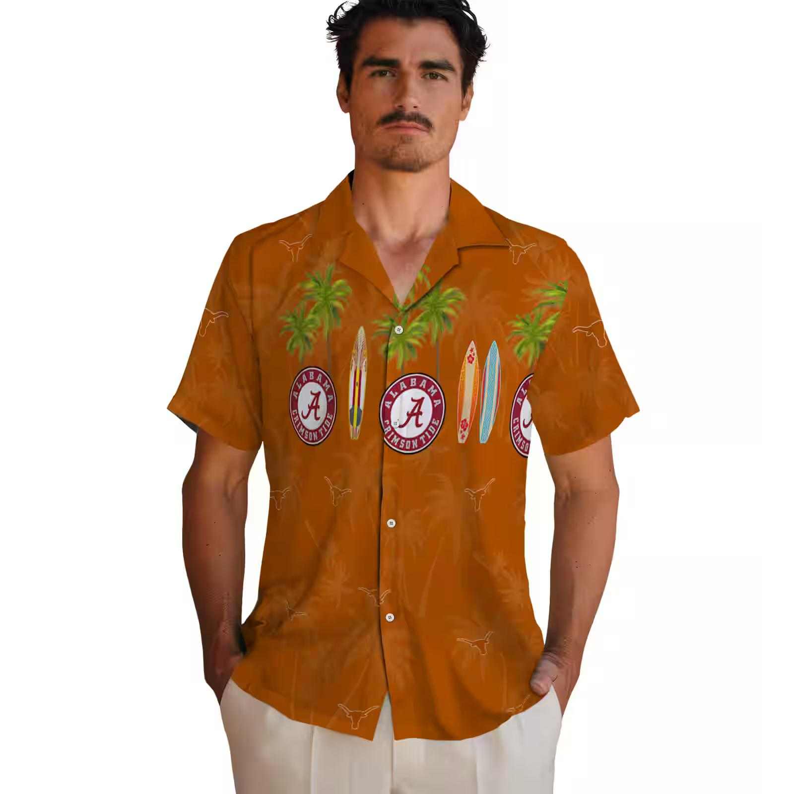 texas longhorns surfboard palm orange hawaiian shirt fashion forward