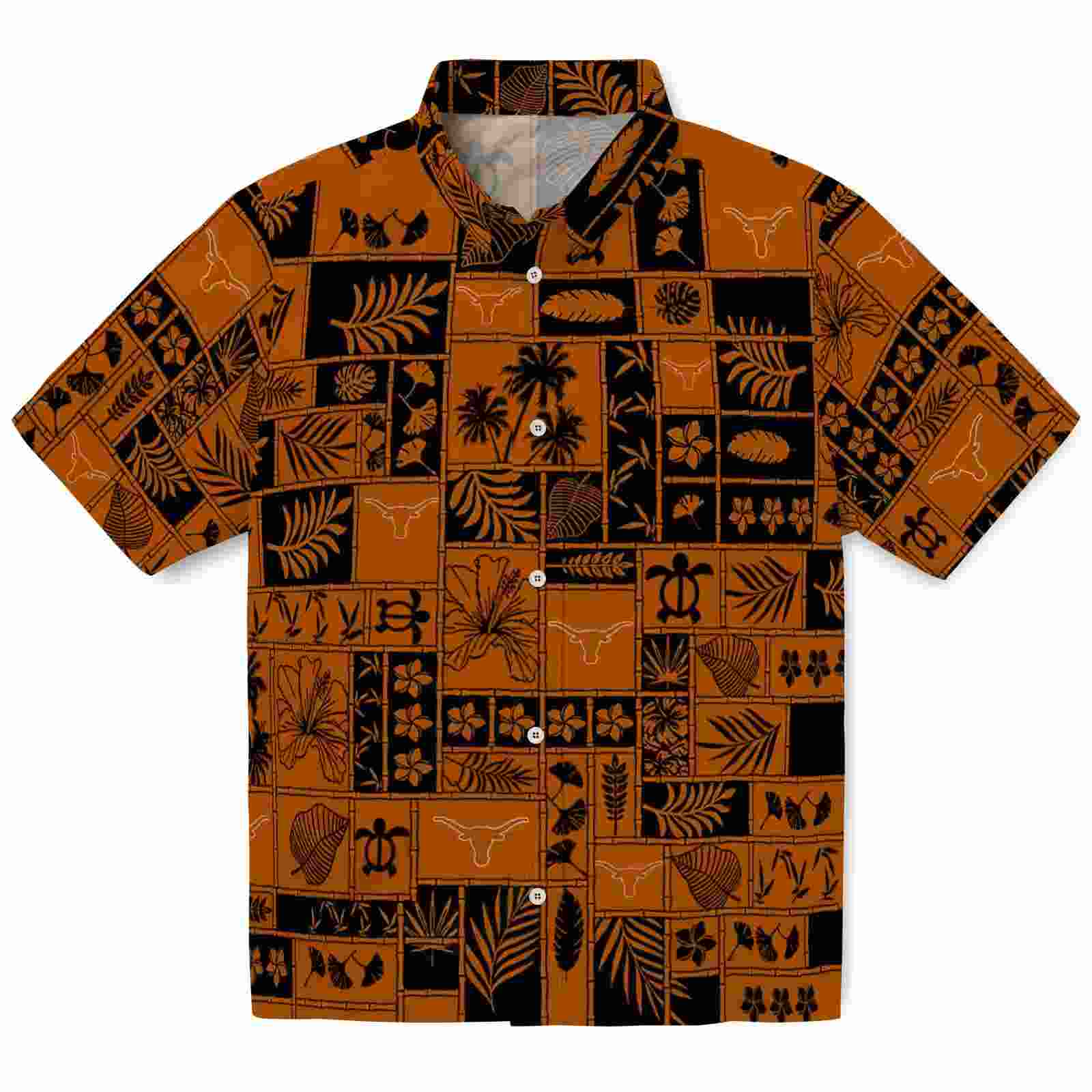 Texas Longhorns Tropical Patchwork Orange Black Hawaiian Shirt