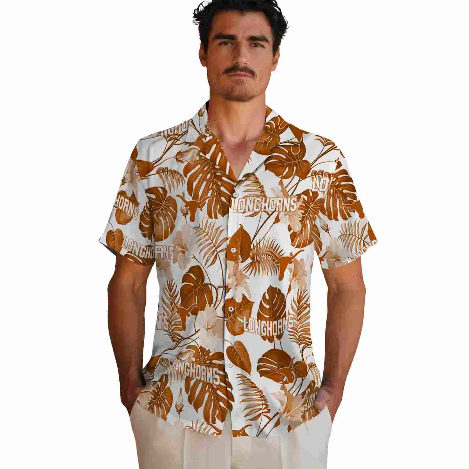 texas longhorns tropical plants orange white hawaiian shirt fashion forward