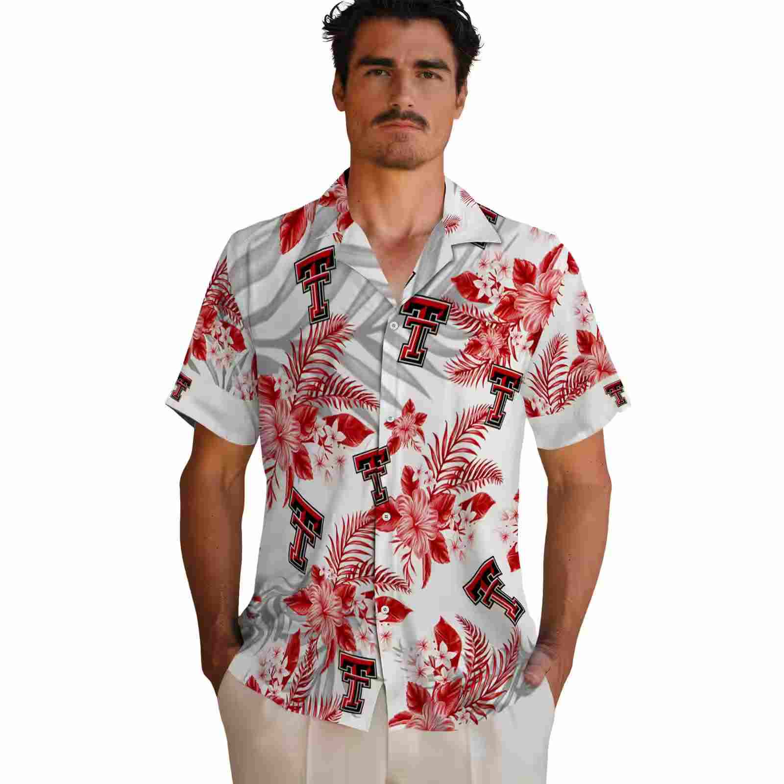 texas tech red raiders hibiscus palm leaves red white hawaiian shirt fashion forward