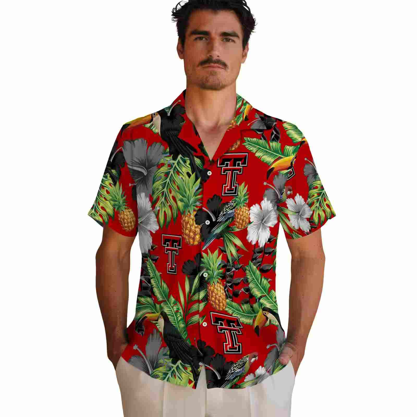 texas tech red raiders toucan hibiscus pineapple red green hawaiian shirt fashion forward