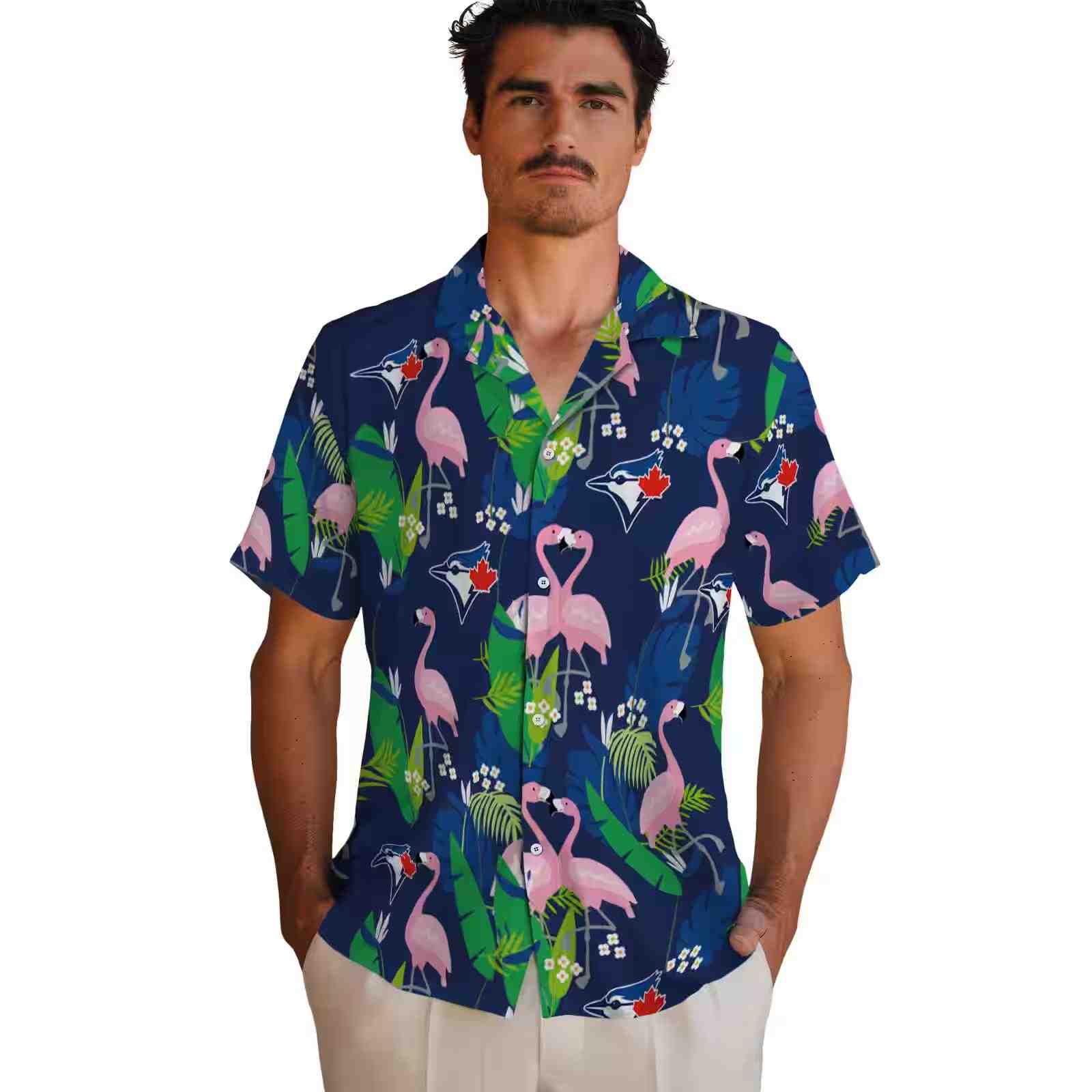 toronto blue jays flamingo foliage blue green hawaiian shirt fashion forward