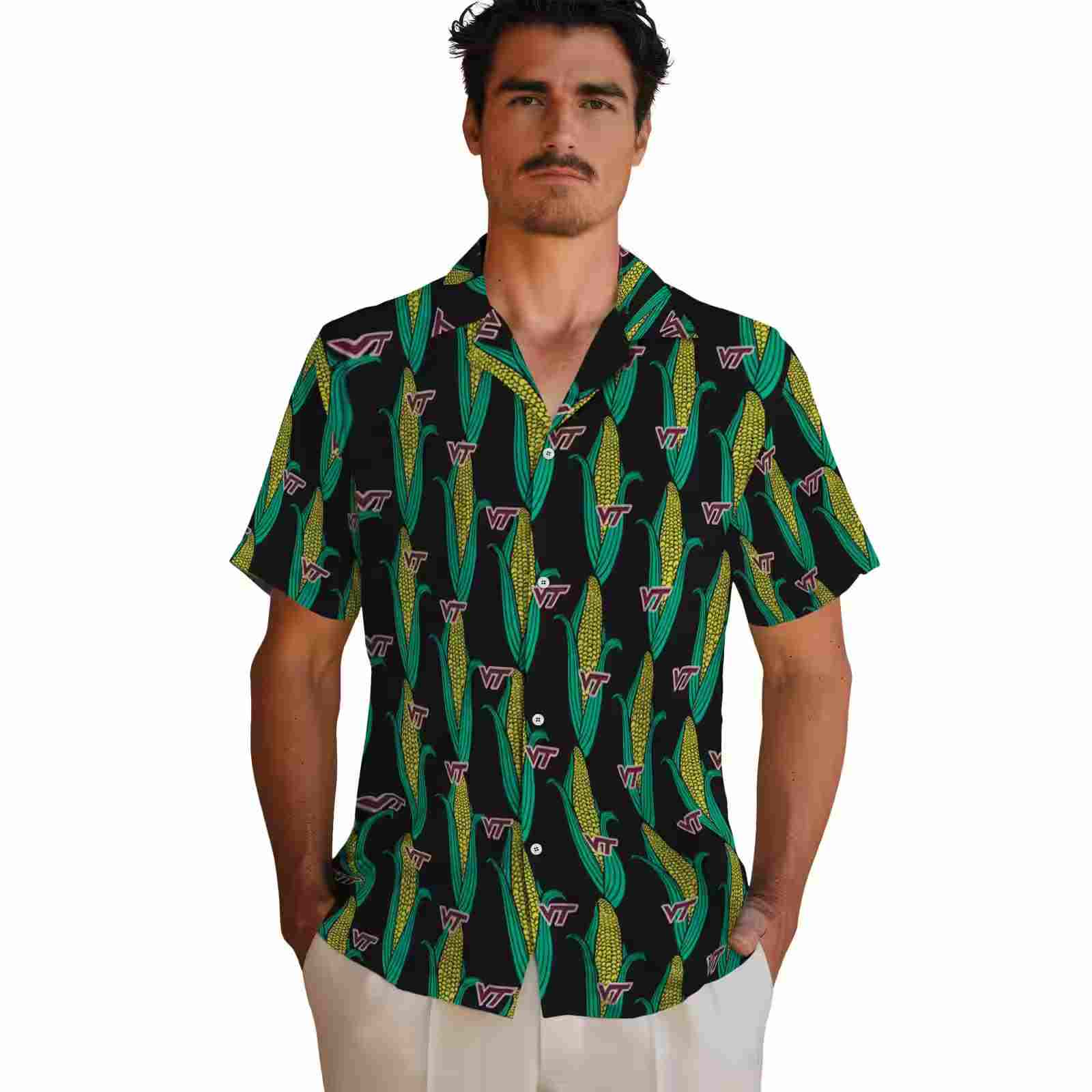 virginia tech hokies corn motifs black green hawaiian shirt fashion forward