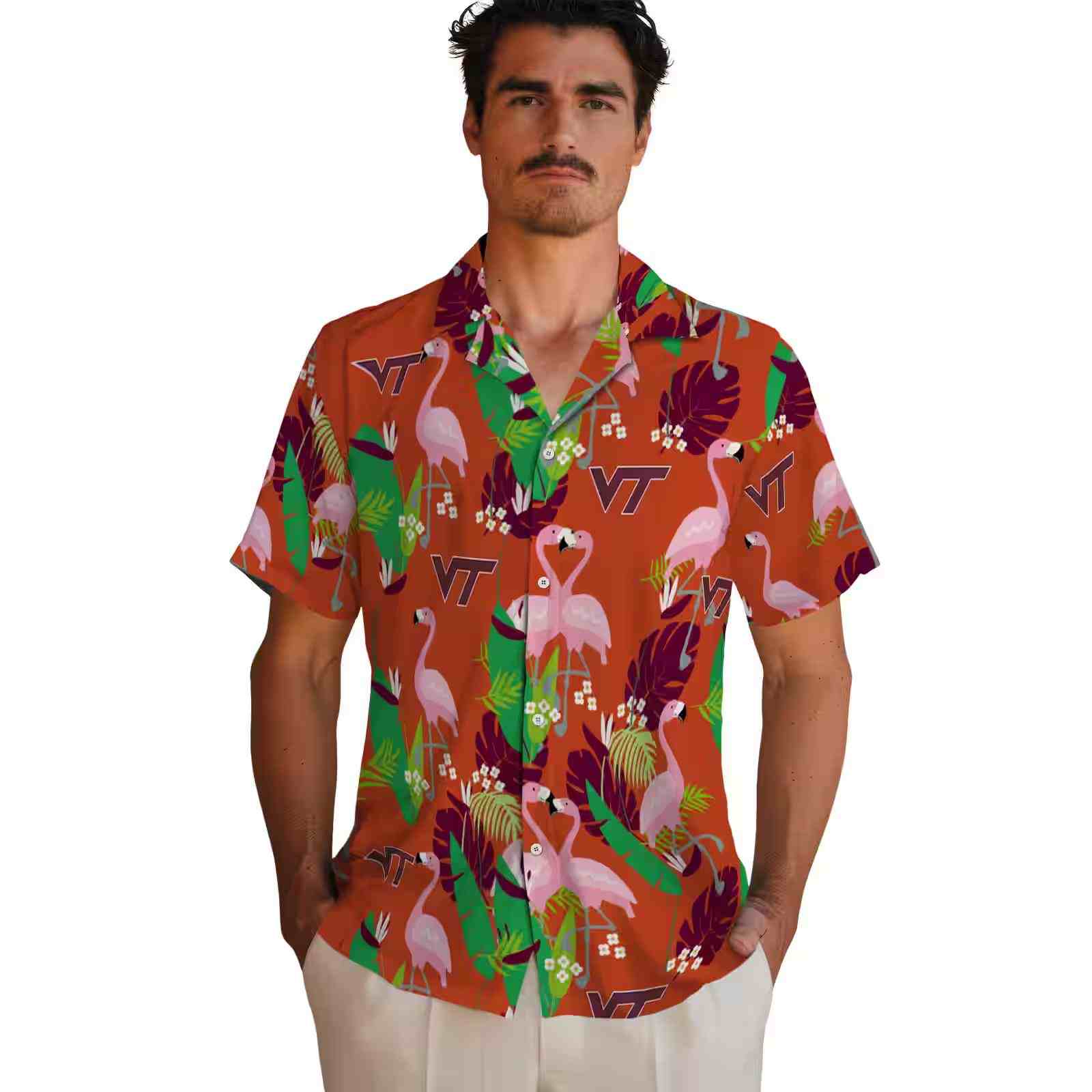 virginia tech hokies flamingo foliage maroon green hawaiian shirt fashion forward