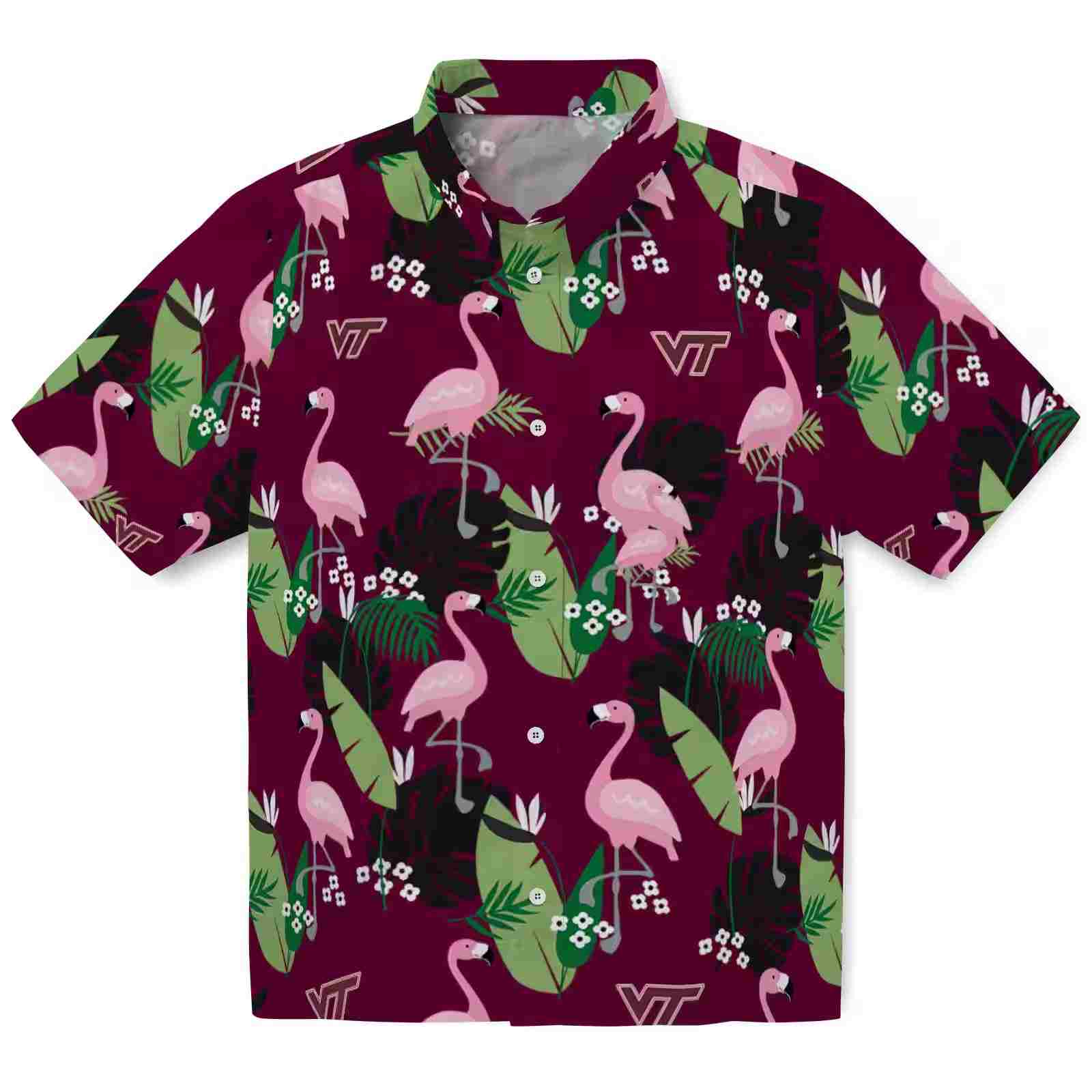 Virginia Tech Hokies Flamingo Leaf Motif Maroon Hawaiian Shirt